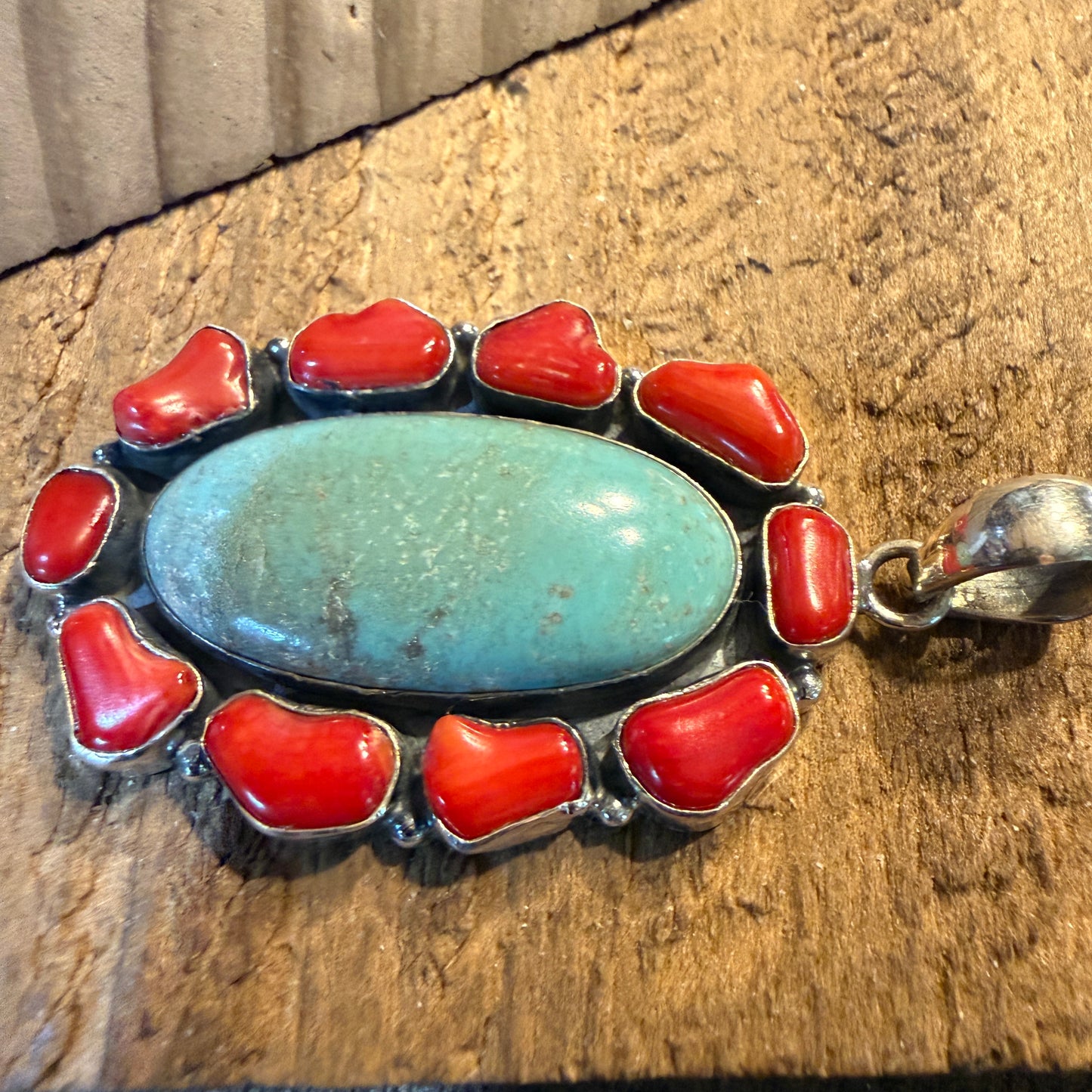 Mediterranean Coral and Turquoise 2.5 Inch Cluster Pendant, Sterling Silver Wild West Boho