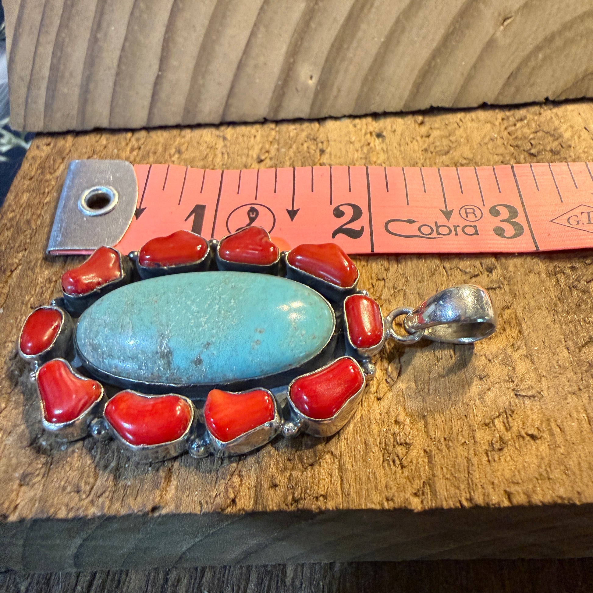 Mediterranean Coral and Turquoise 2.5 Inch Cluster Pendant, Sterling Silver Wild West Boho