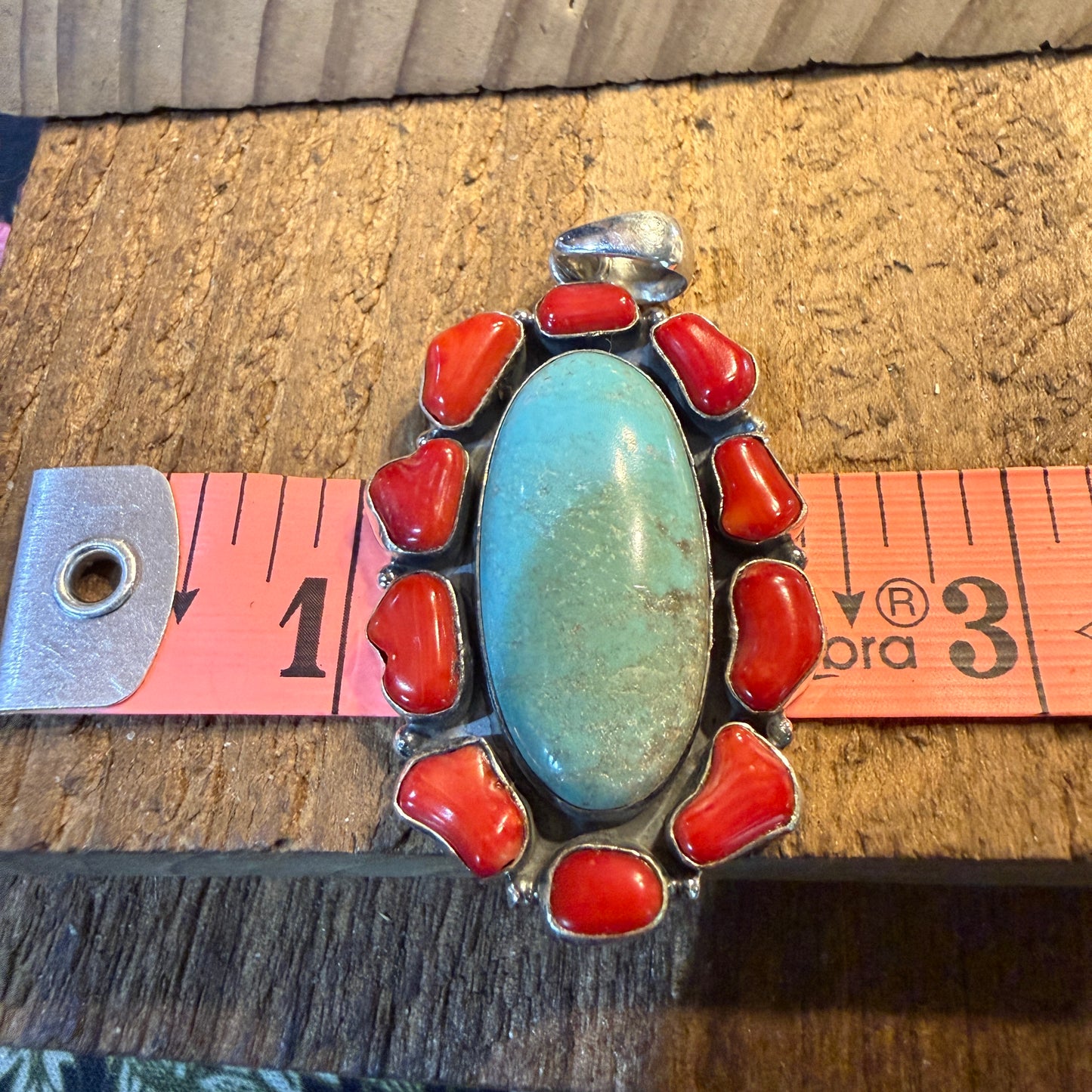 Mediterranean Coral and Turquoise 2.5 Inch Cluster Pendant, Sterling Silver Wild West Boho