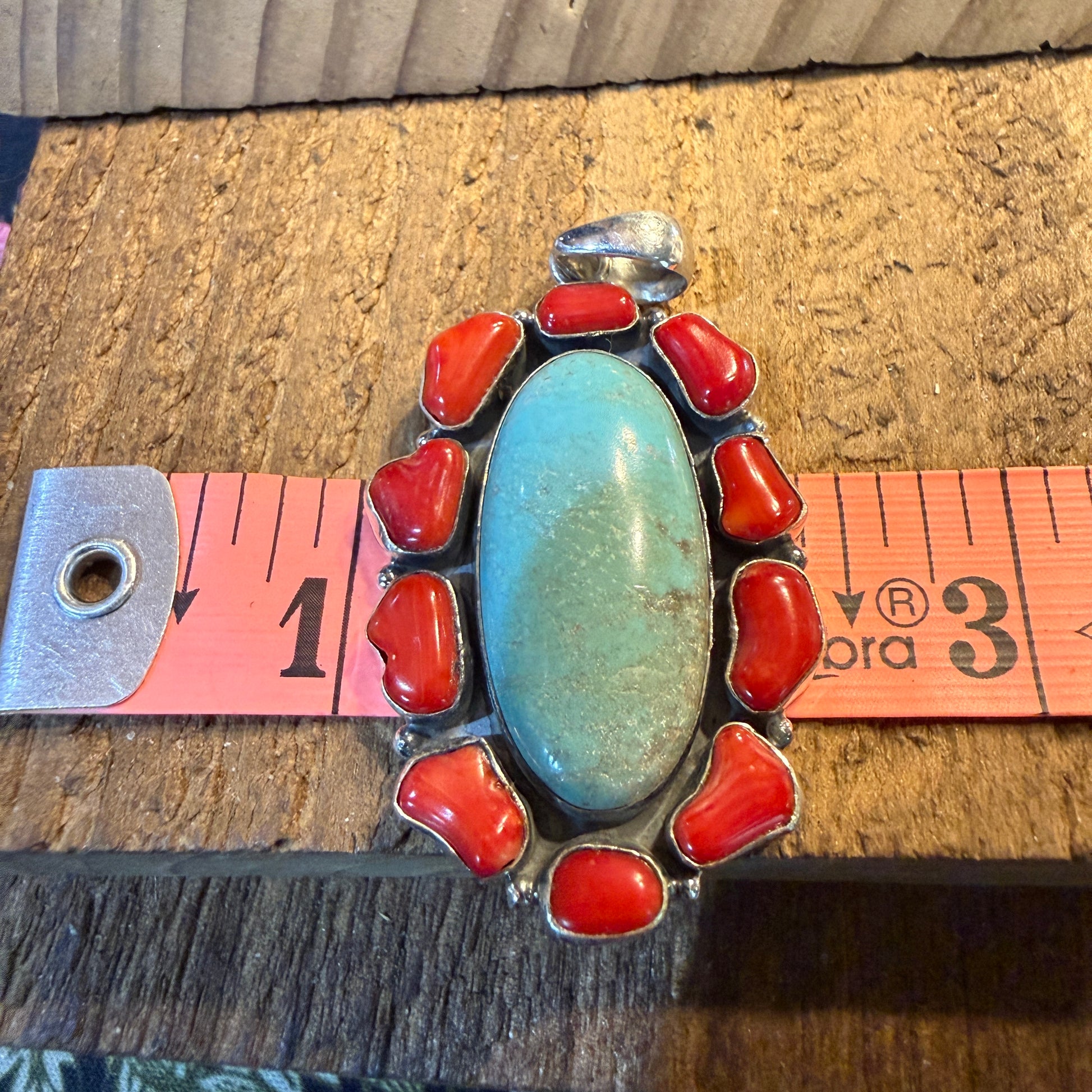 Mediterranean Coral and Turquoise 2.5 Inch Cluster Pendant, Sterling Silver Wild West Boho