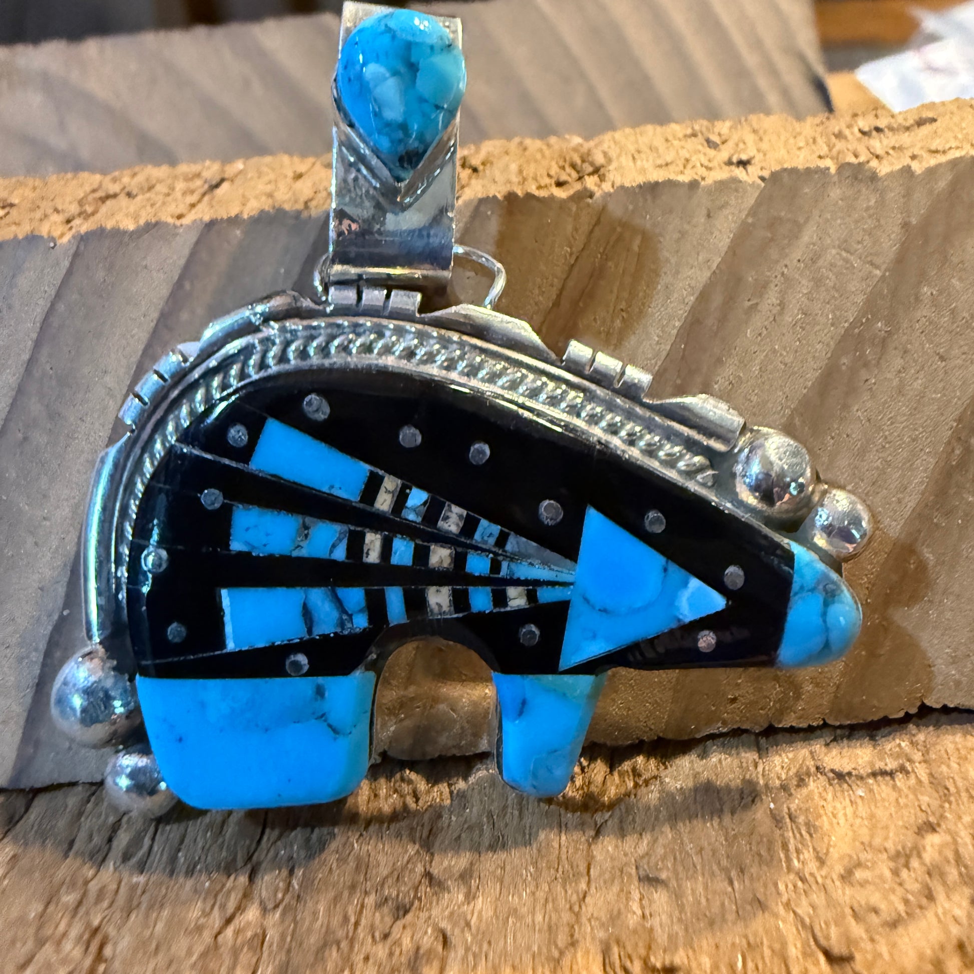 Ray Jack Native Handmade Multi-stone Inlaid Bear Pendant, Sterling Silver Silver Elegant