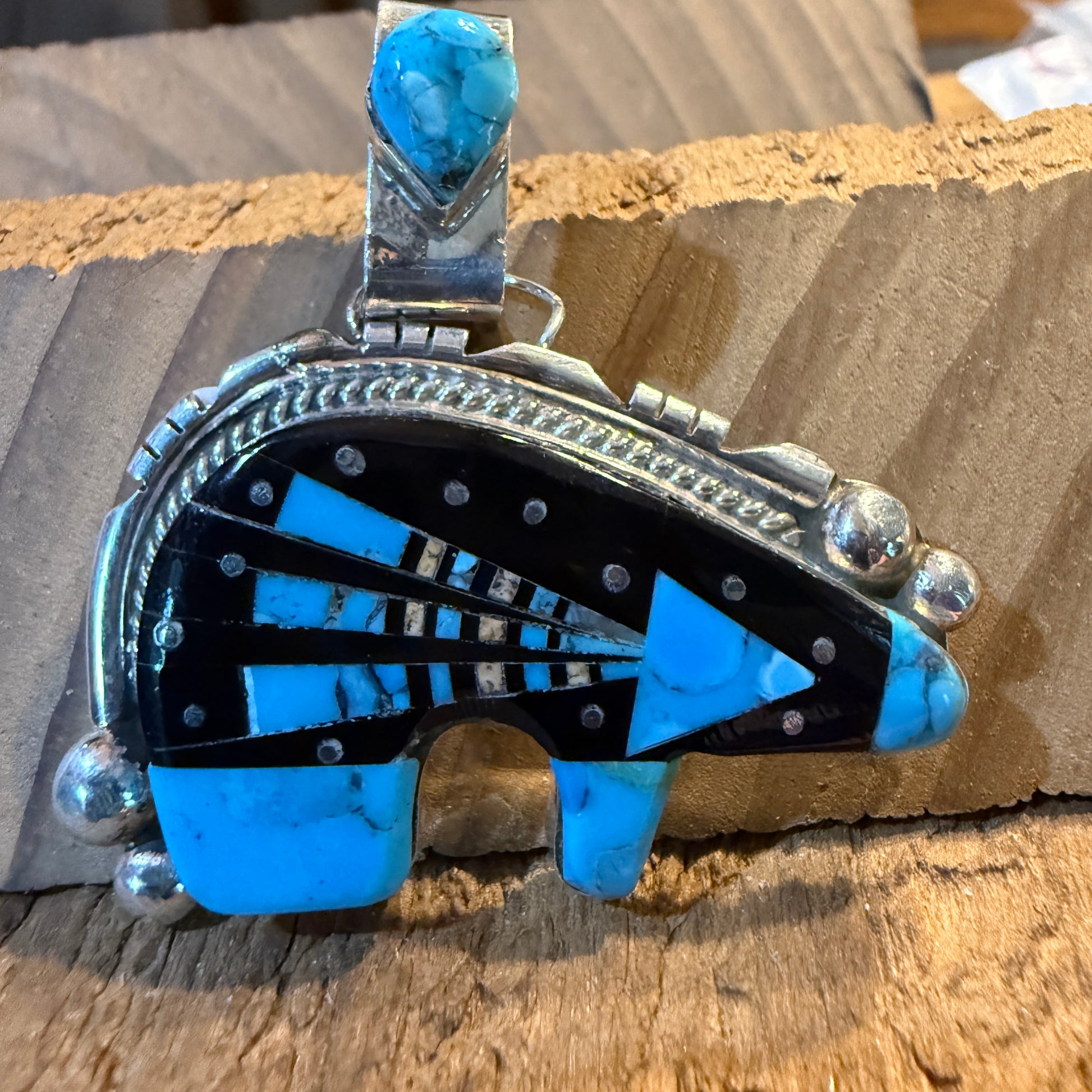 Ray Jack Native Handmade Multi-stone Inlaid Bear Pendant, Sterling Silver Silver Elegant
