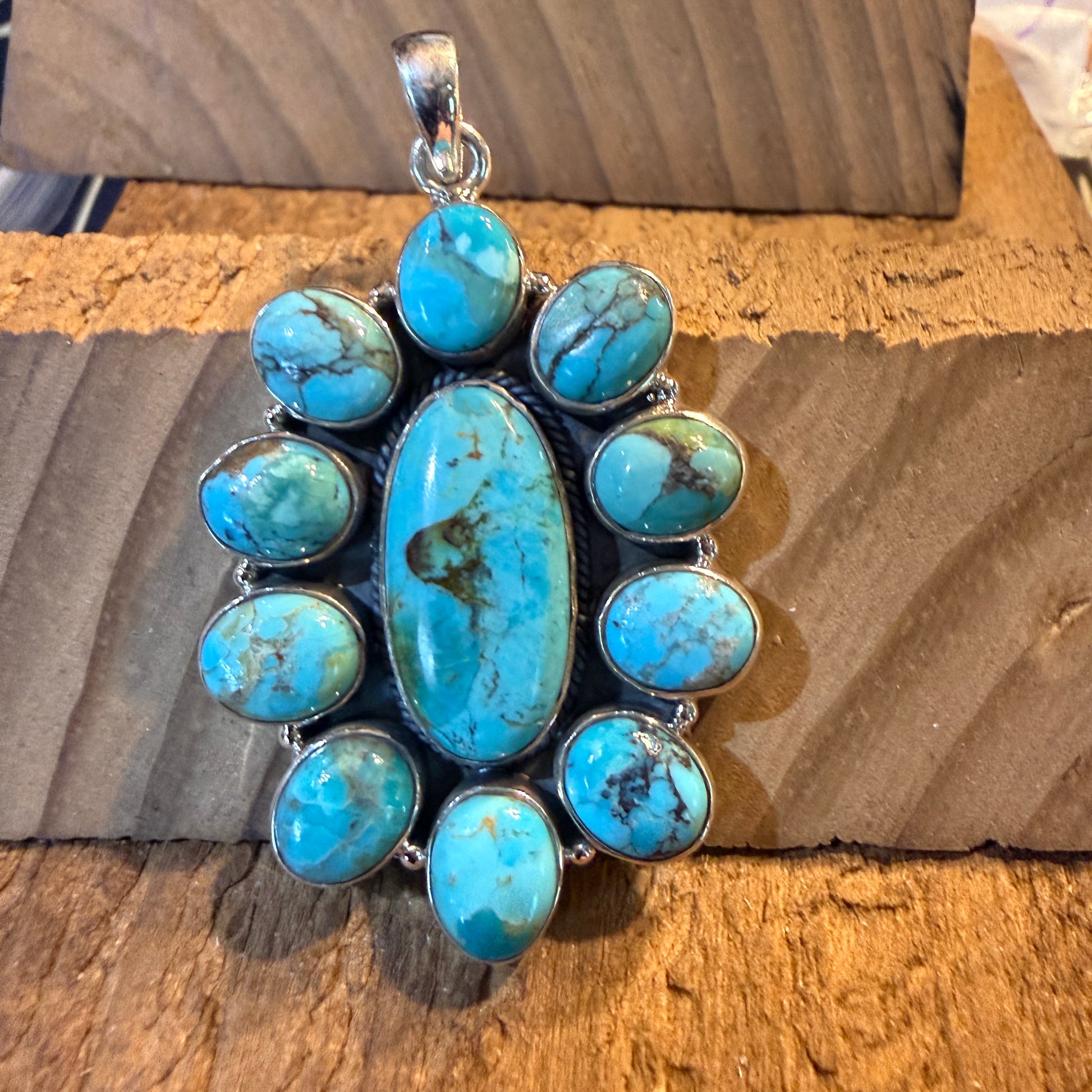 Mojave Turquoise 2.5 Inch Cluster Pendant, Sterling Silver Wild West Boho