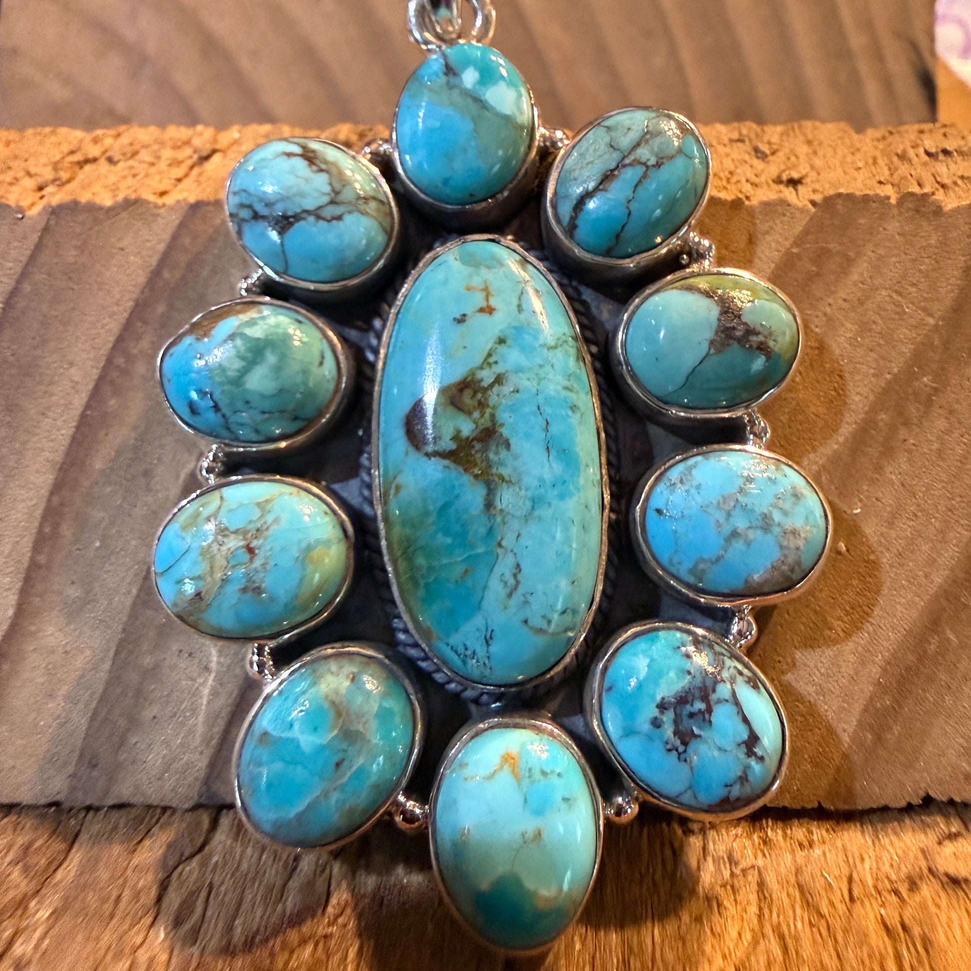 Mojave Turquoise 2.5 Inch Cluster Pendant, Sterling Silver Wild West Boho