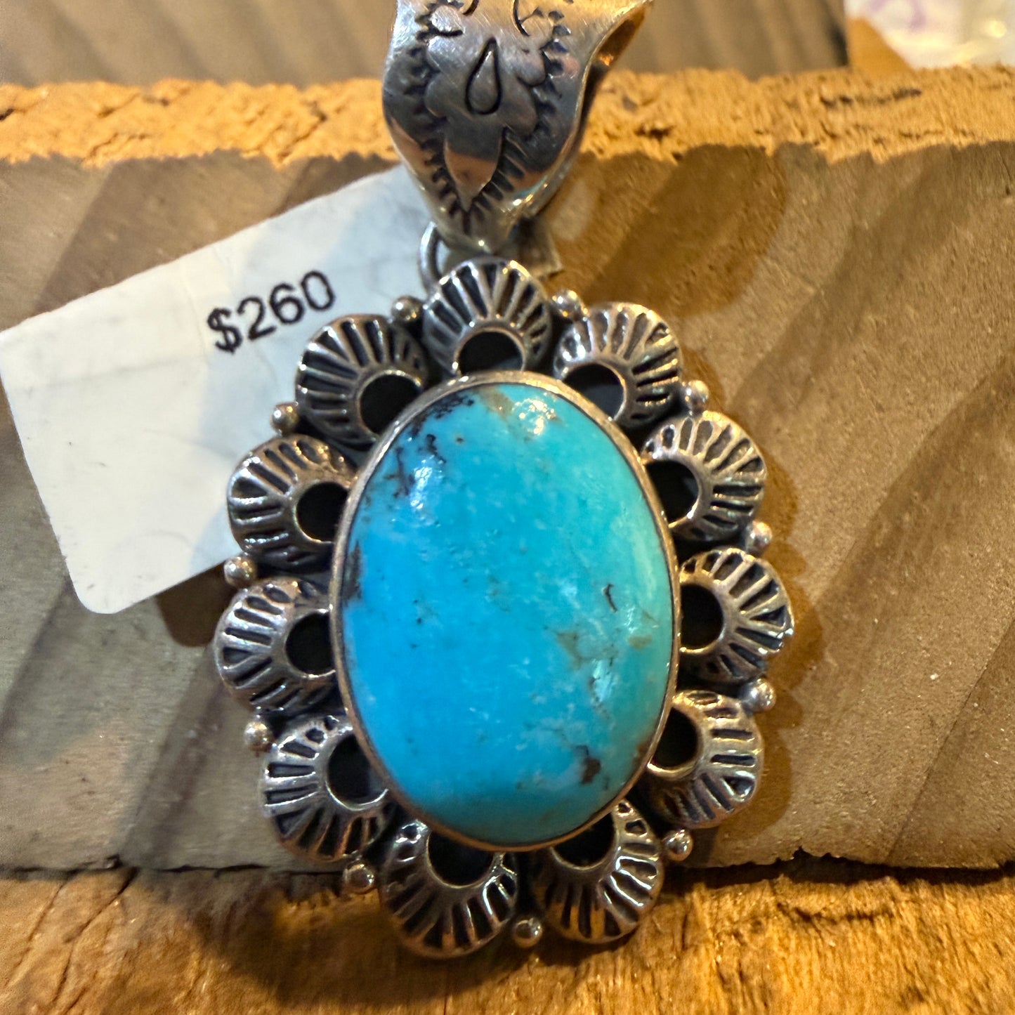 Signed Native Handmade Kingman Turquoise Scolloped Pendant, Sterling Silver Wild West Boho