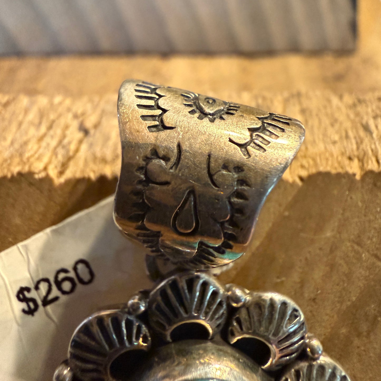 Signed Native Handmade Kingman Turquoise Scolloped Pendant, Sterling Silver Wild West Boho