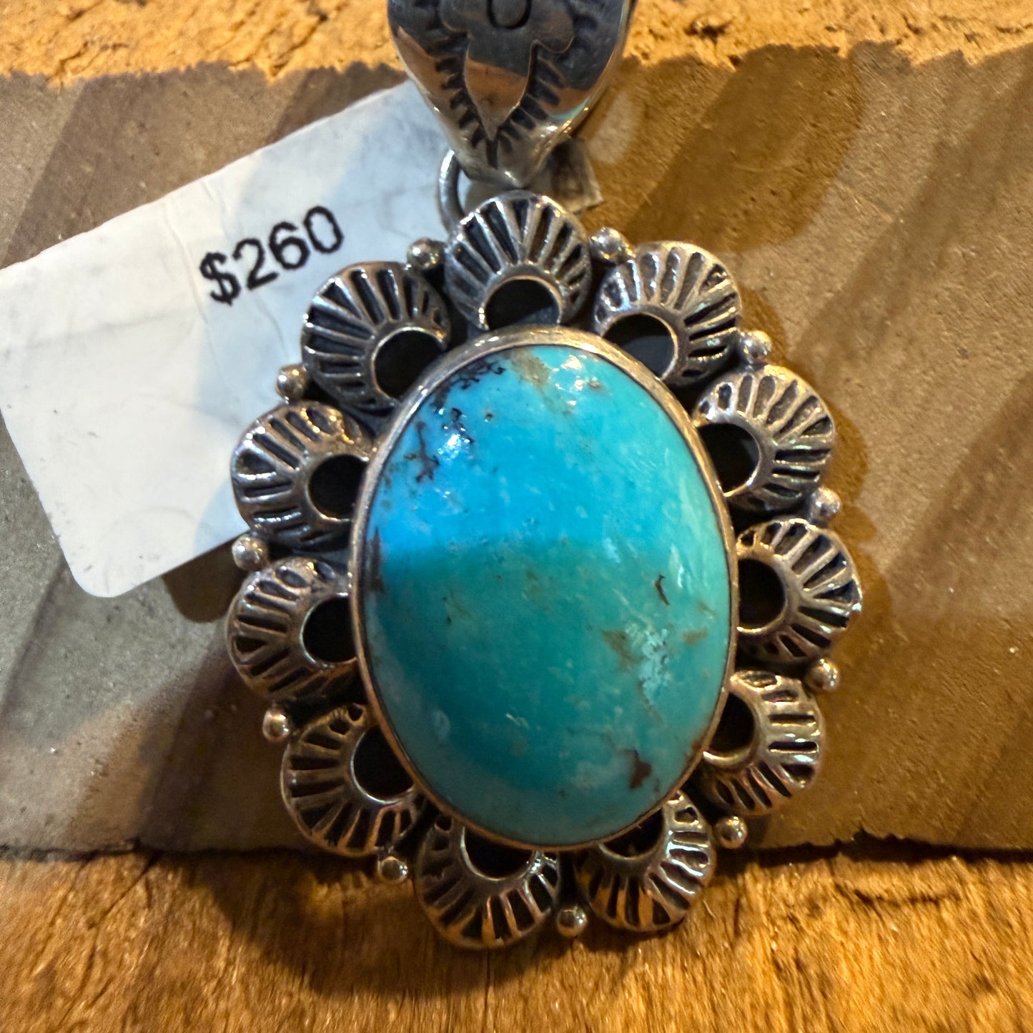 Signed Native Handmade Kingman Turquoise Scolloped Pendant, Sterling Silver Wild West Boho