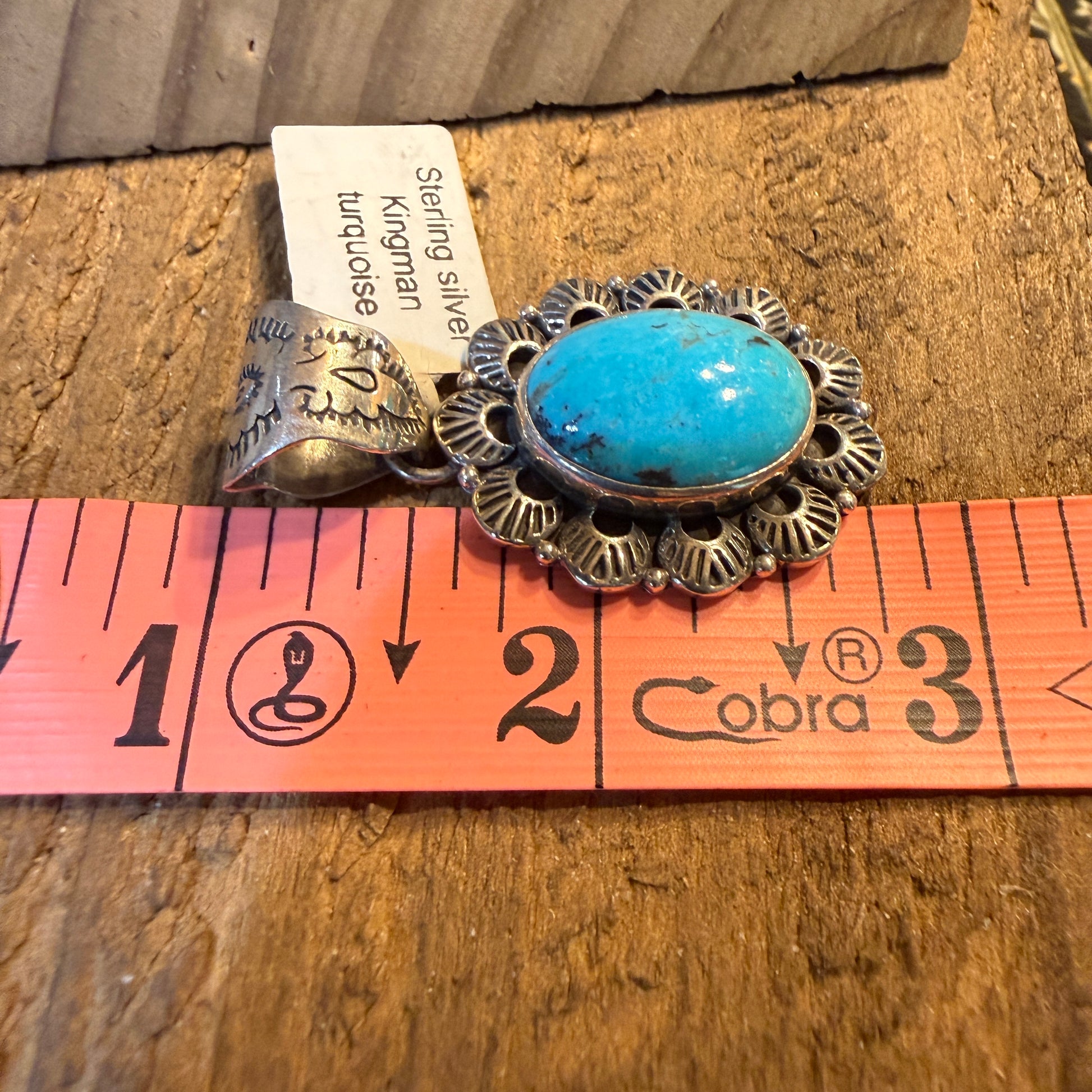 Signed Native Handmade Kingman Turquoise Scalloped Pendant In Sterling Silver Wild West Boho