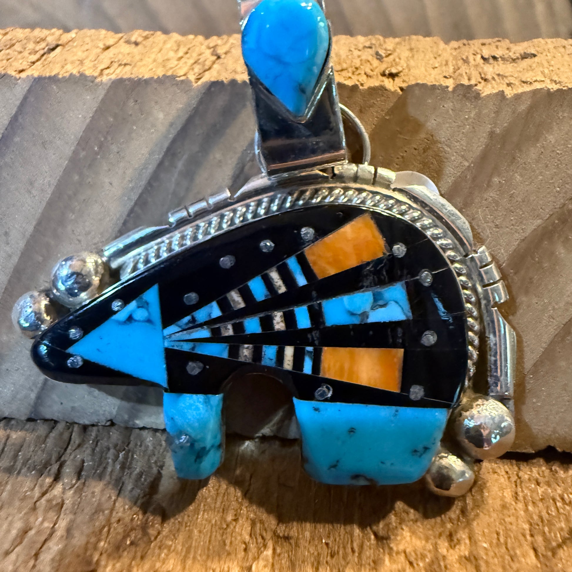 Ray Jack Signed Native Handmade Inlaid Bear Pendant, Sterling Silver Wild West Boho