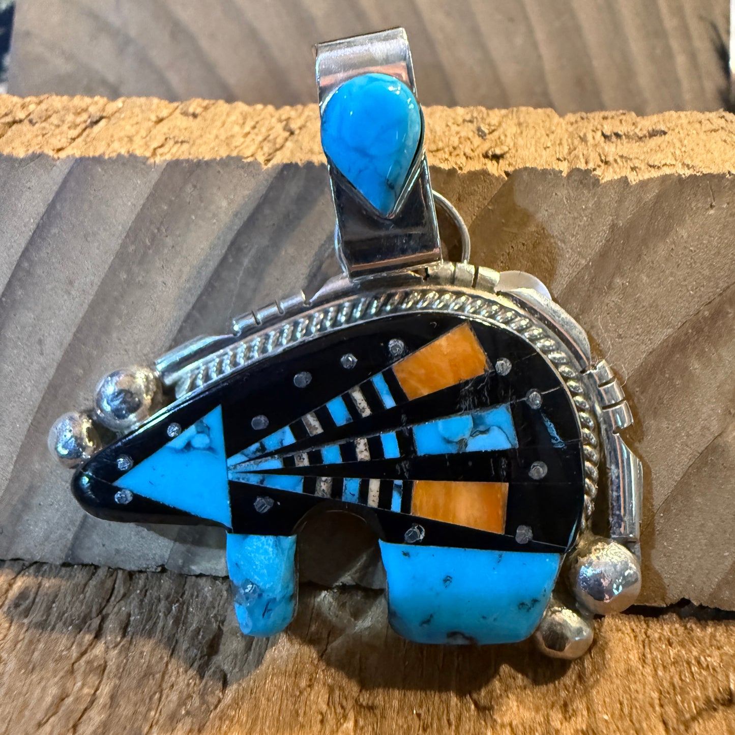Ray Jack Signed Native Handmade Inlaid Bear Pendant, Sterling Silver Wild West Boho
