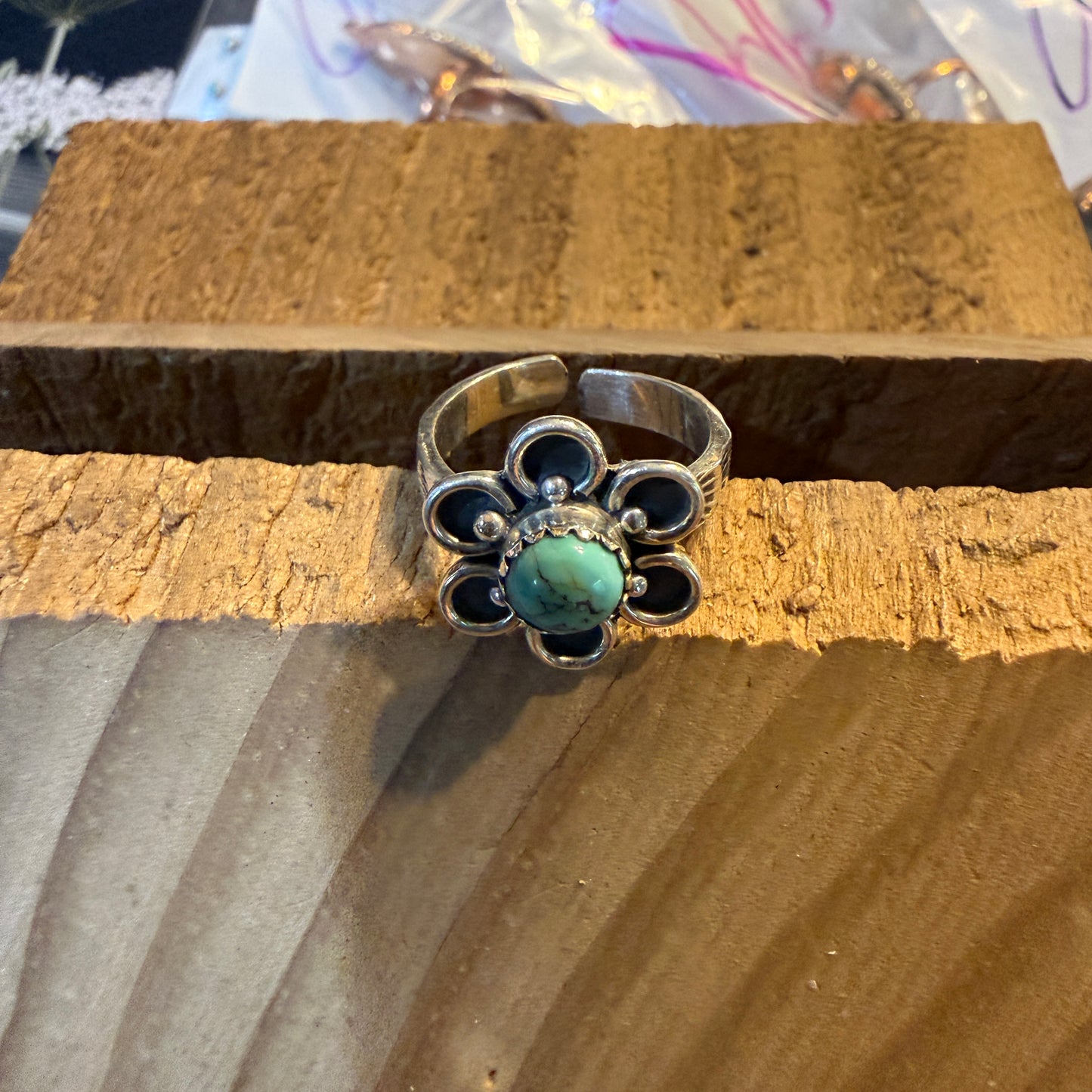 Kingman Turquoise Gemstone Floral Adjustable Ring, Sterling Silver Wild West Boho
