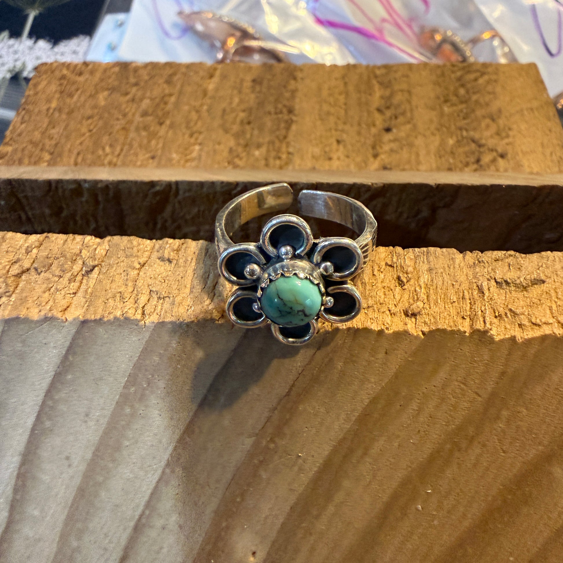 Kingman Turquoise Gemstone Floral Adjustable Ring, Sterling Silver Wild West Boho