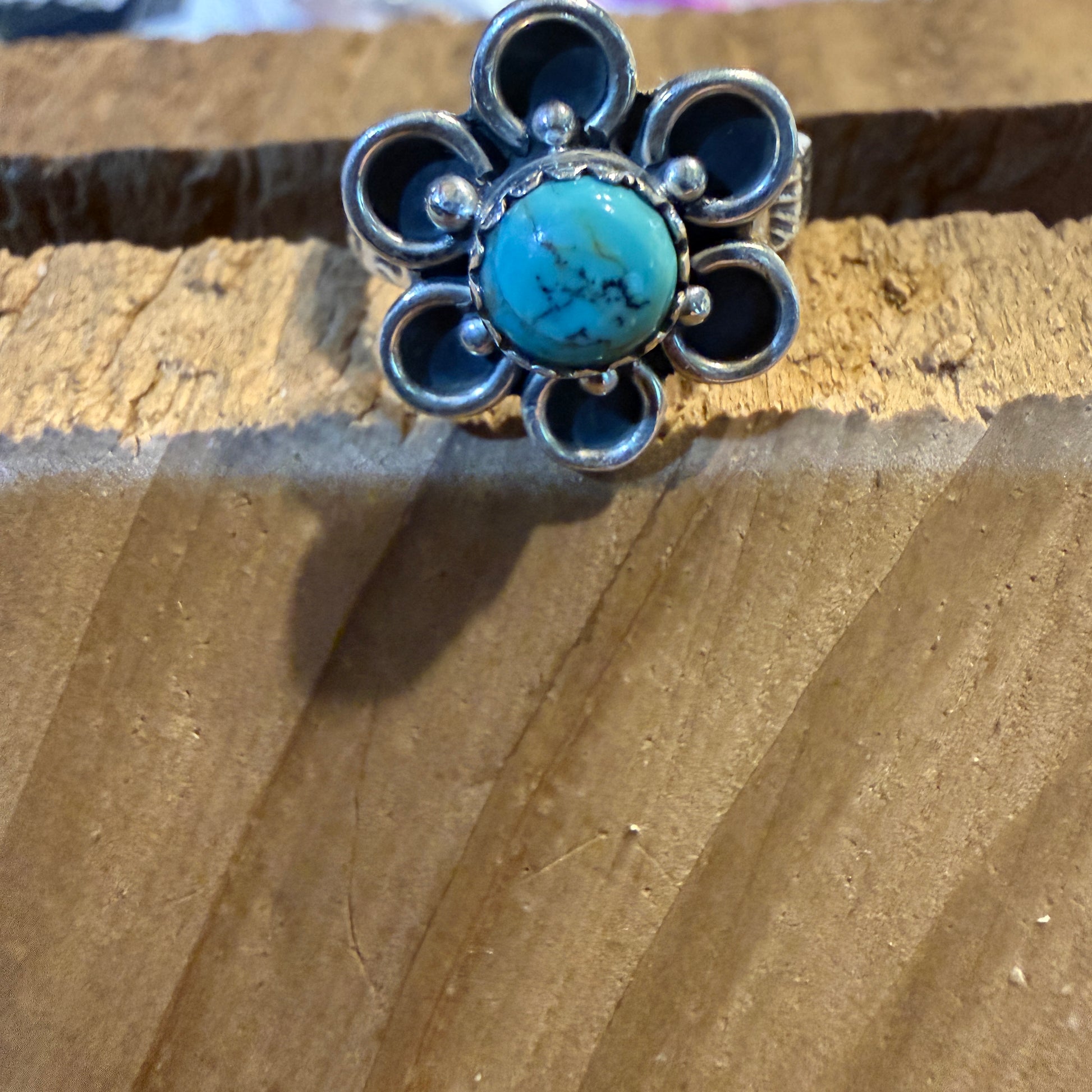 Kingman Turquoise Gemstone Floral Adjustable Ring, Sterling Silver Wild West Boho