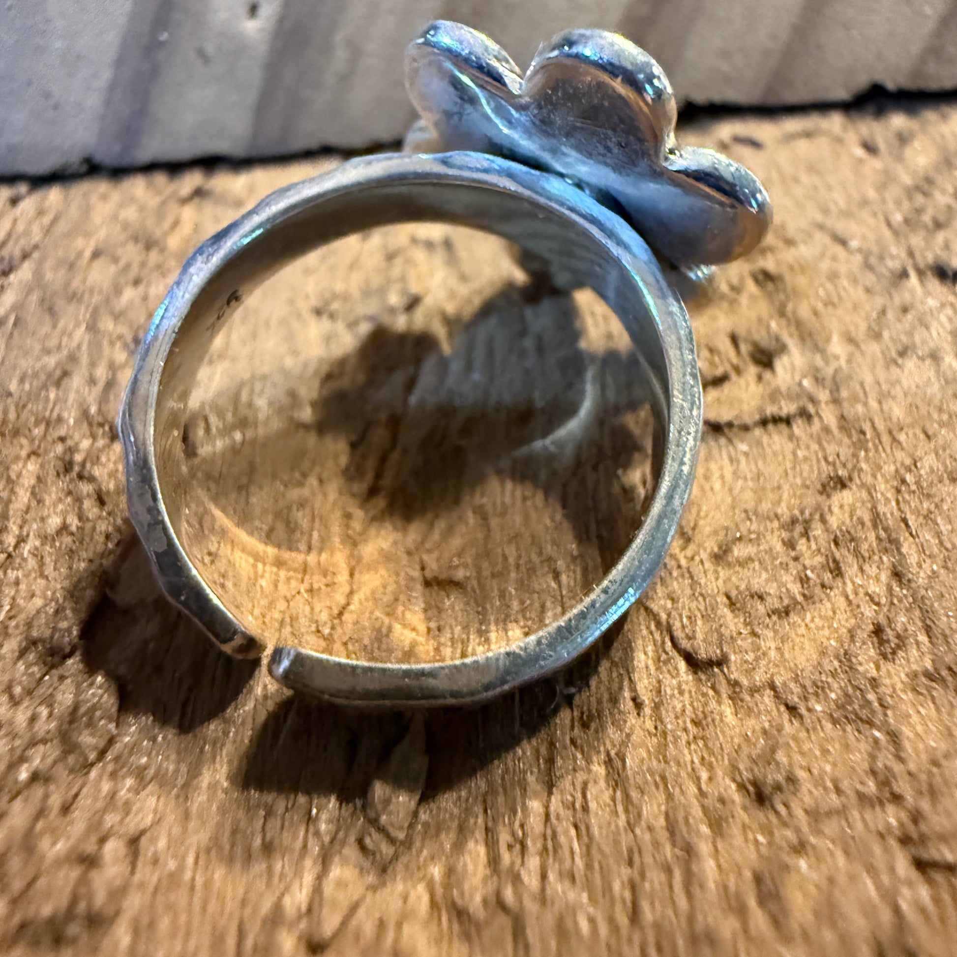 Kingman Turquoise Gemstone Floral Adjustable Ring, Sterling Silver Wild West Boho