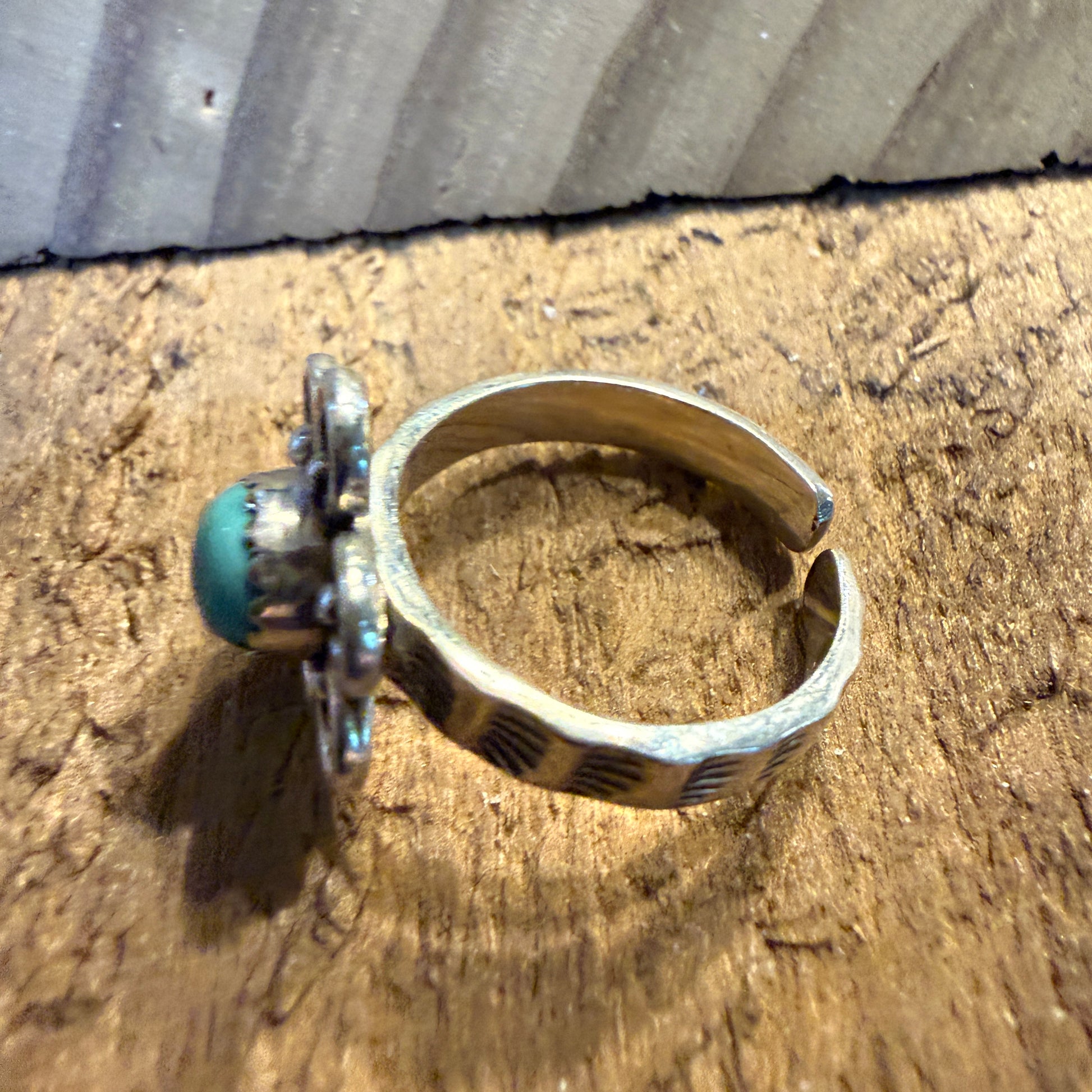 Kingman Turquoise Gemstone Floral Adjustable Ring, Sterling Silver Wild West Boho