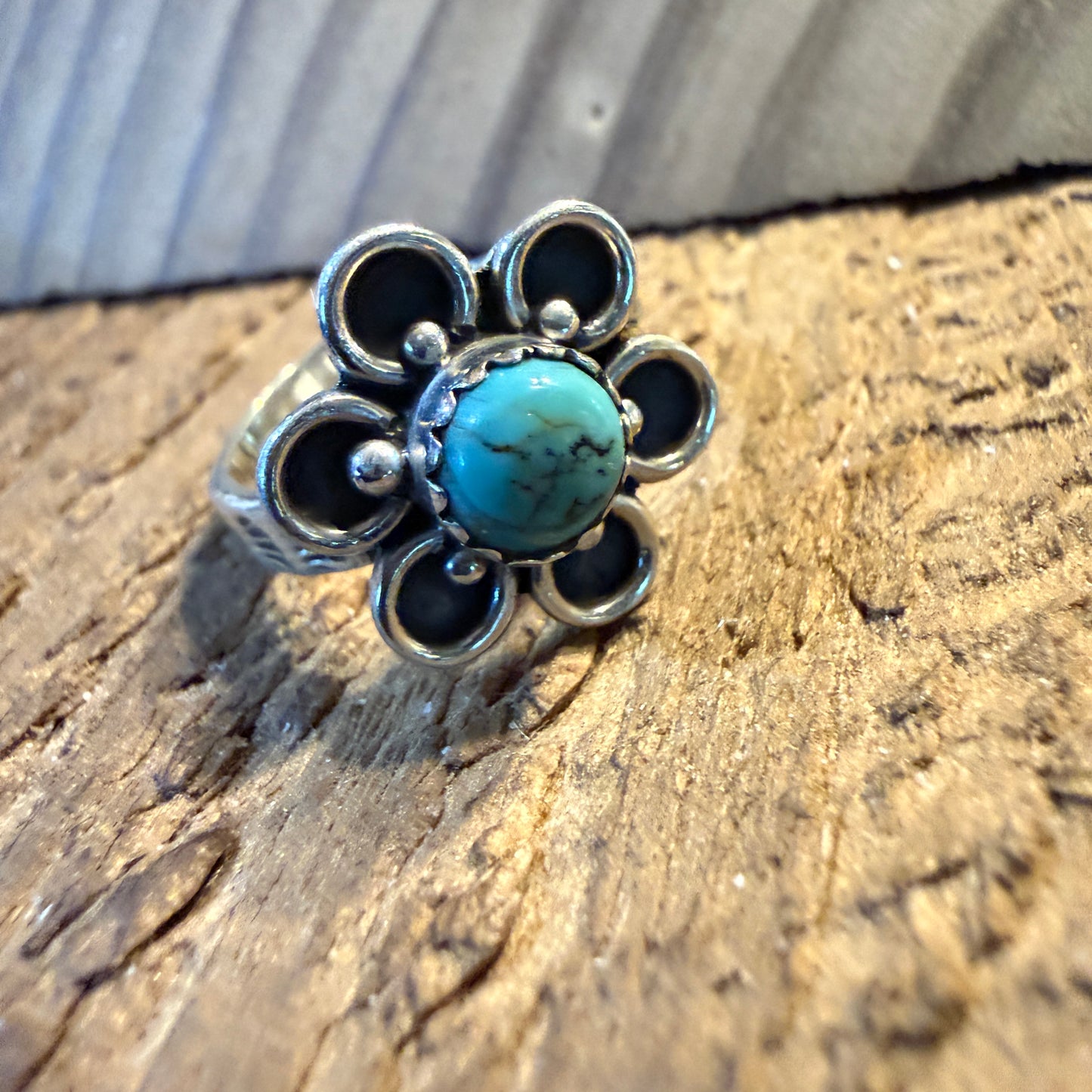 Kingman Turquoise Gemstone Floral Adjustable Ring, Sterling Silver Wild West Boho