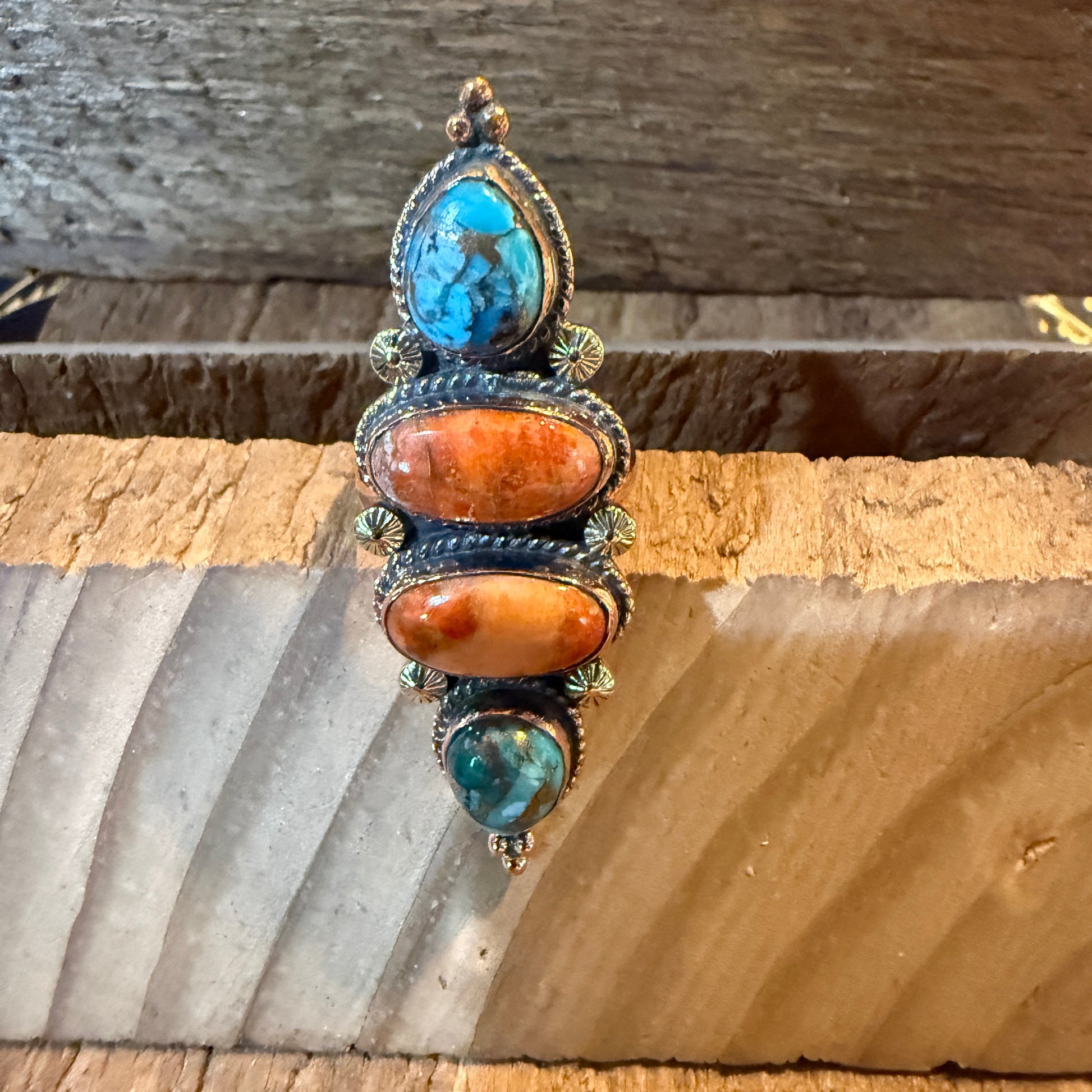 Fox Turquoise and Orange Spiny Oyster Turqoise Adjustable Ring, Copper Wild West Boho