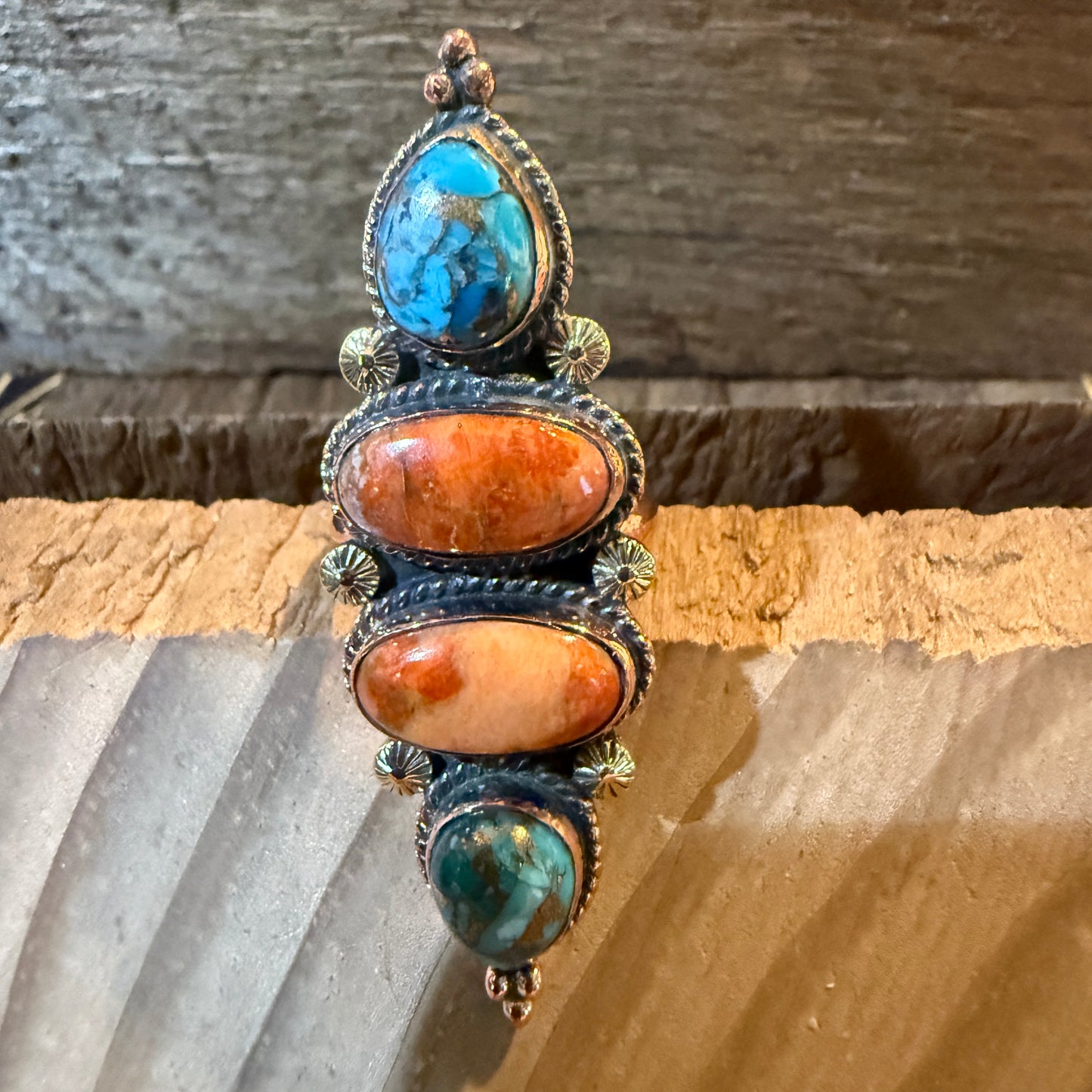 Fox Turquoise and Orange Spiny Oyster Turqoise Adjustable Ring, Copper Wild West Boho