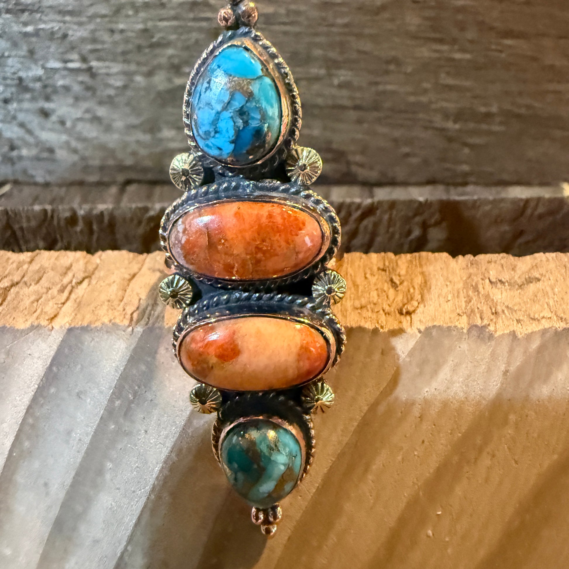Fox Turquoise and Orange Spiny Oyster Turqoise Adjustable Ring, Copper Wild West Boho