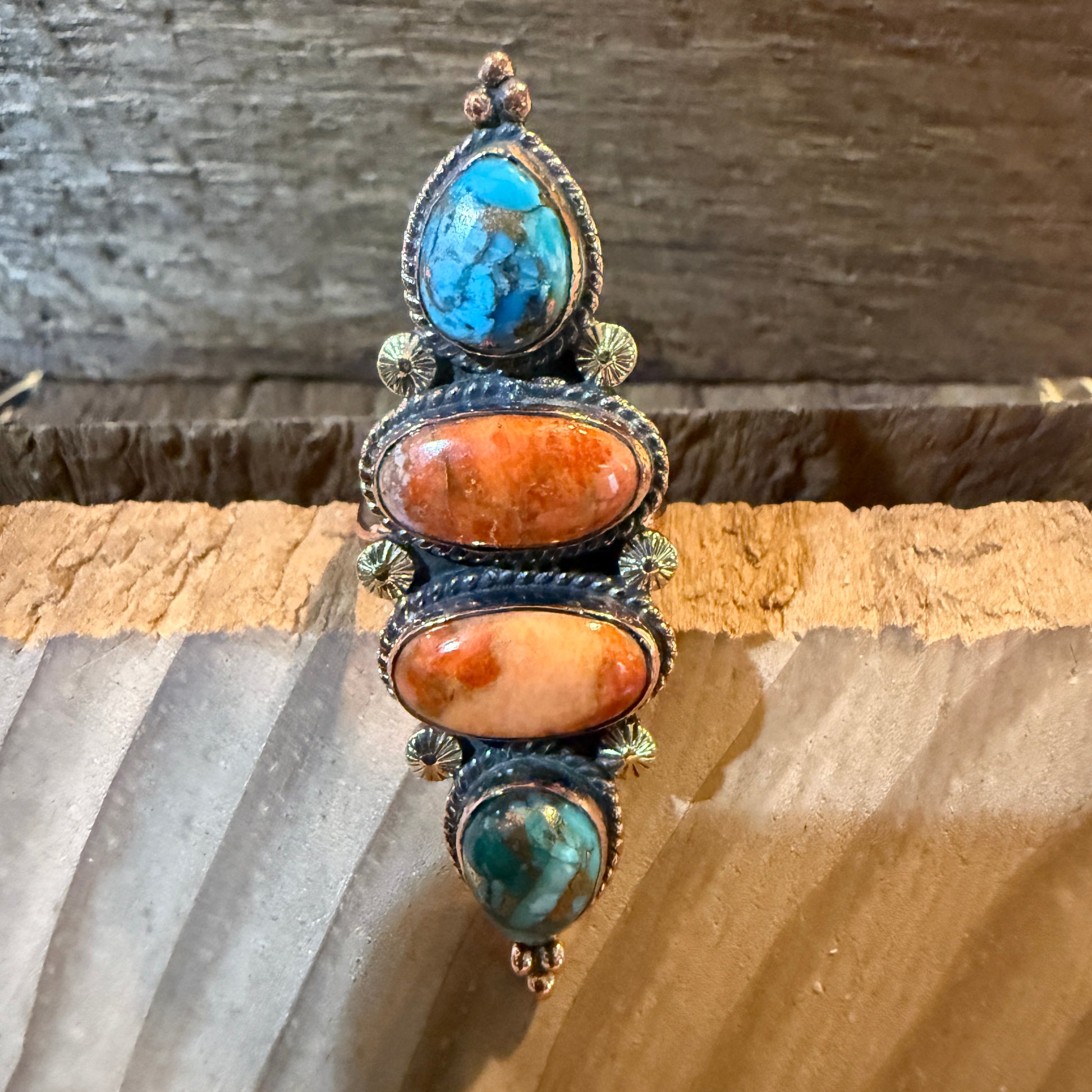 Fox Turquoise and Orange Spiny Oyster Turqoise Adjustable Ring, Copper Wild West Boho