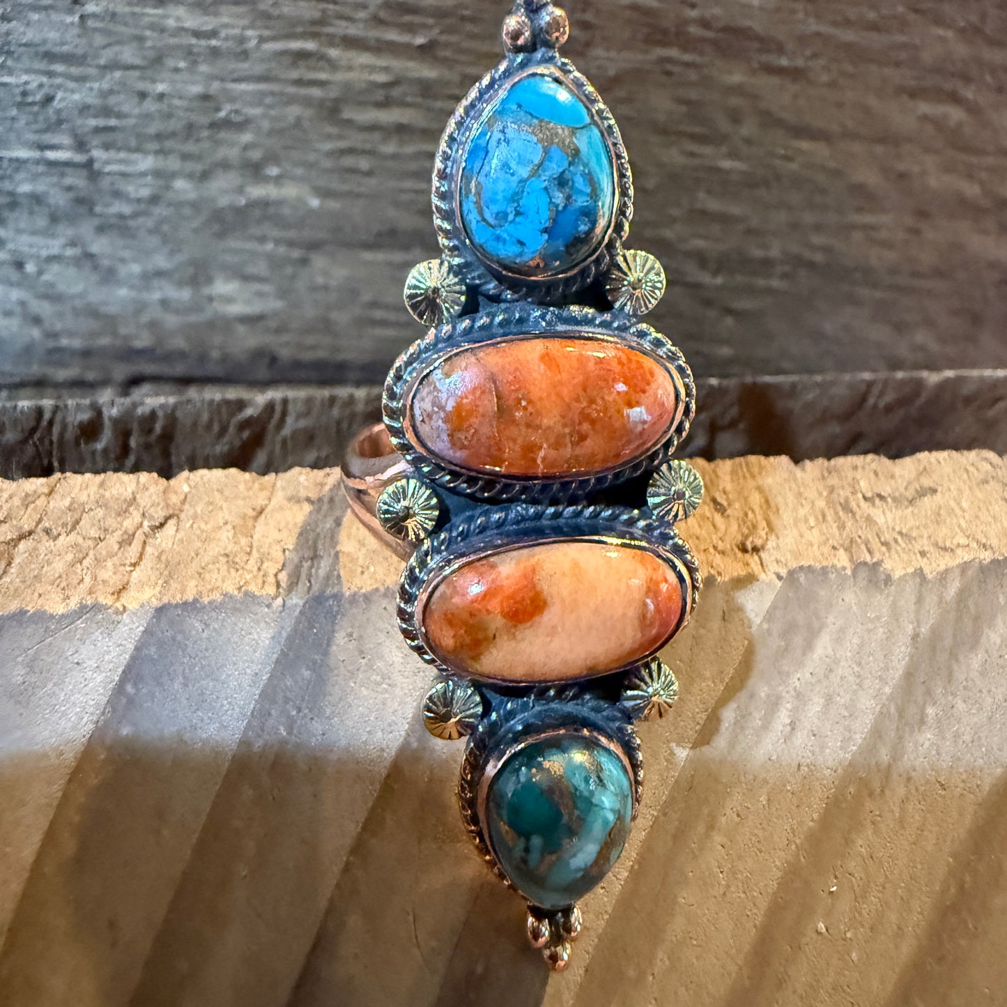 Fox Turquoise and Orange Spiny Oyster Turqoise Adjustable Ring, Copper Wild West Boho