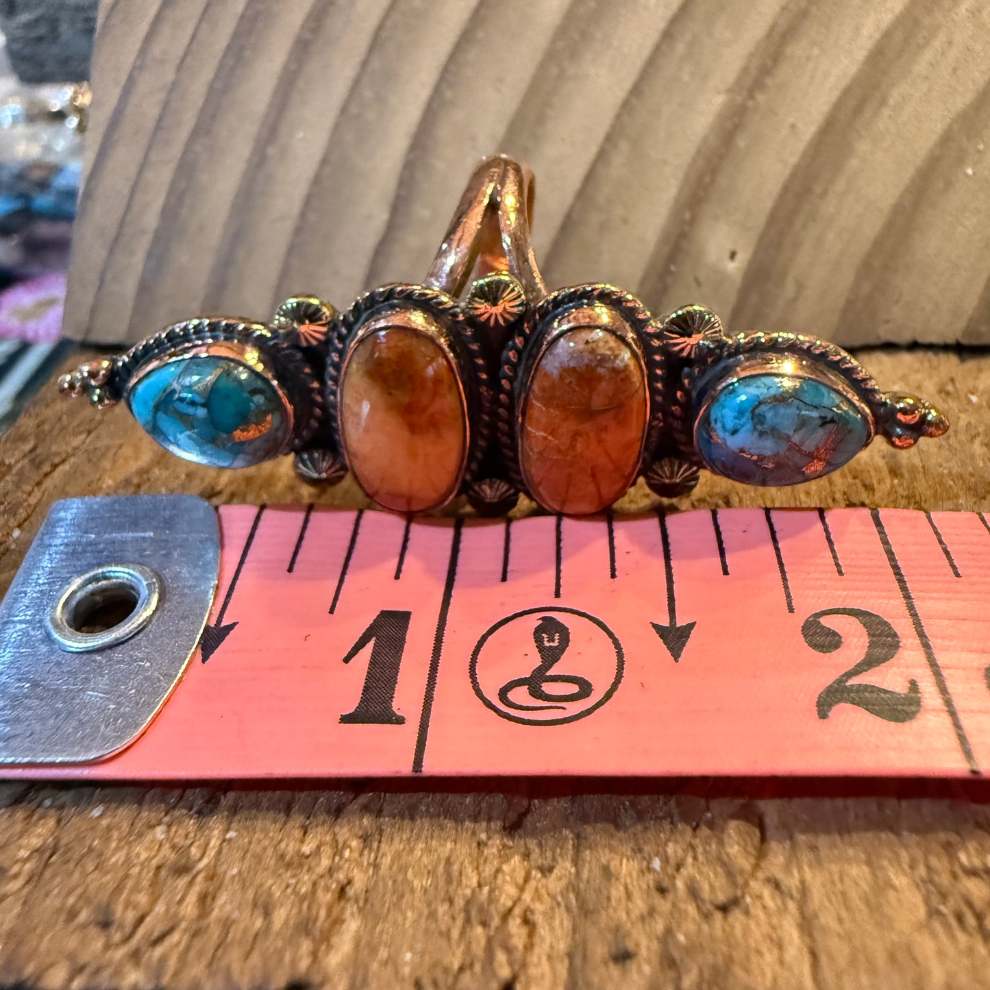 Fox Turquoise and Orange Spiny Oyster Turqoise Adjustable Ring, Copper Wild West Boho