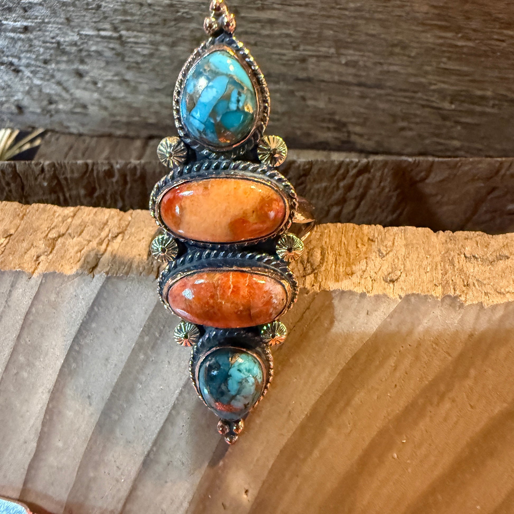Fox Turquoise and Orange Spiny Oyster Turqoise Adjustable Ring, Copper Wild West Boho