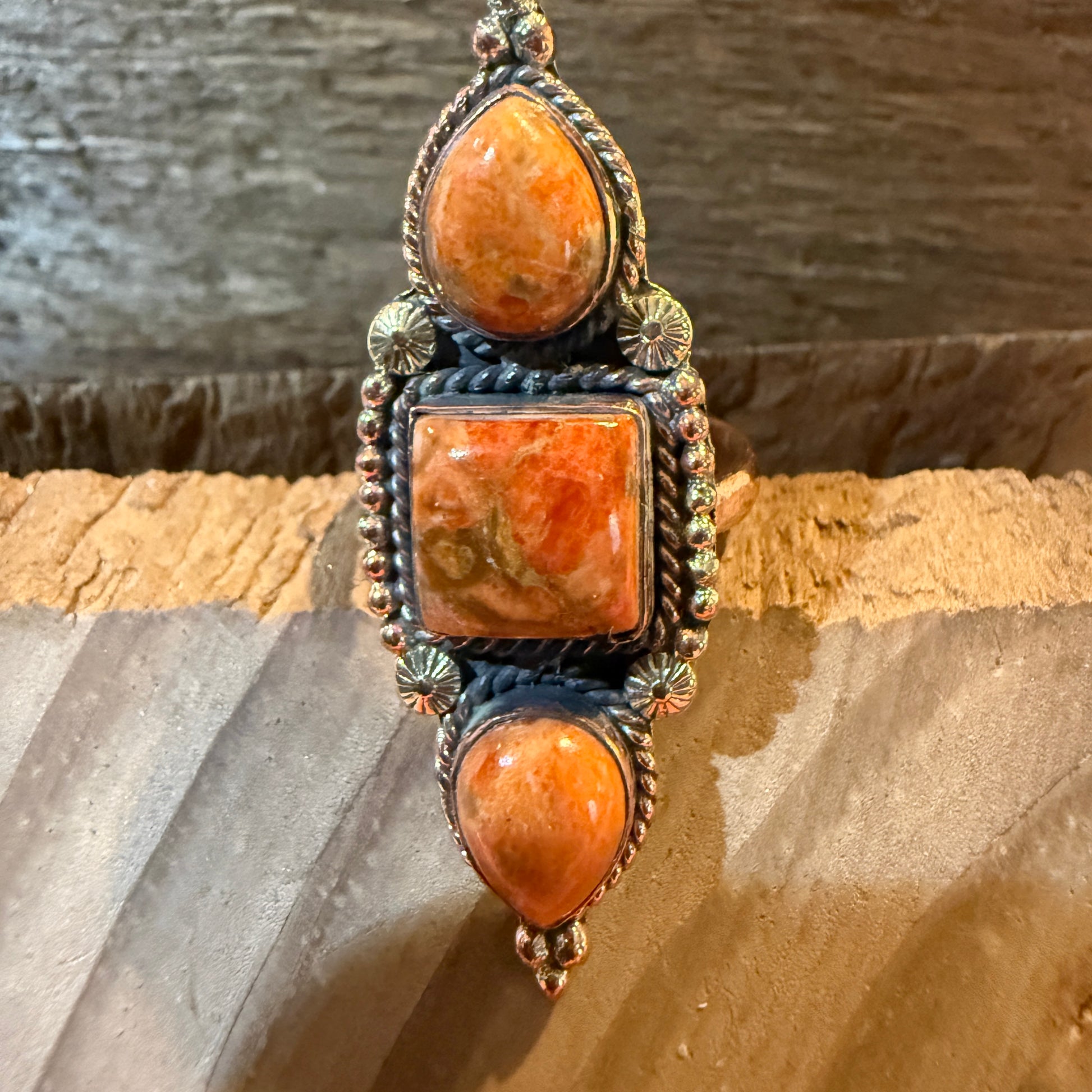 Orange Spiny Turquoise Three Stone Adjustable Ring, Copper Wild West Boho