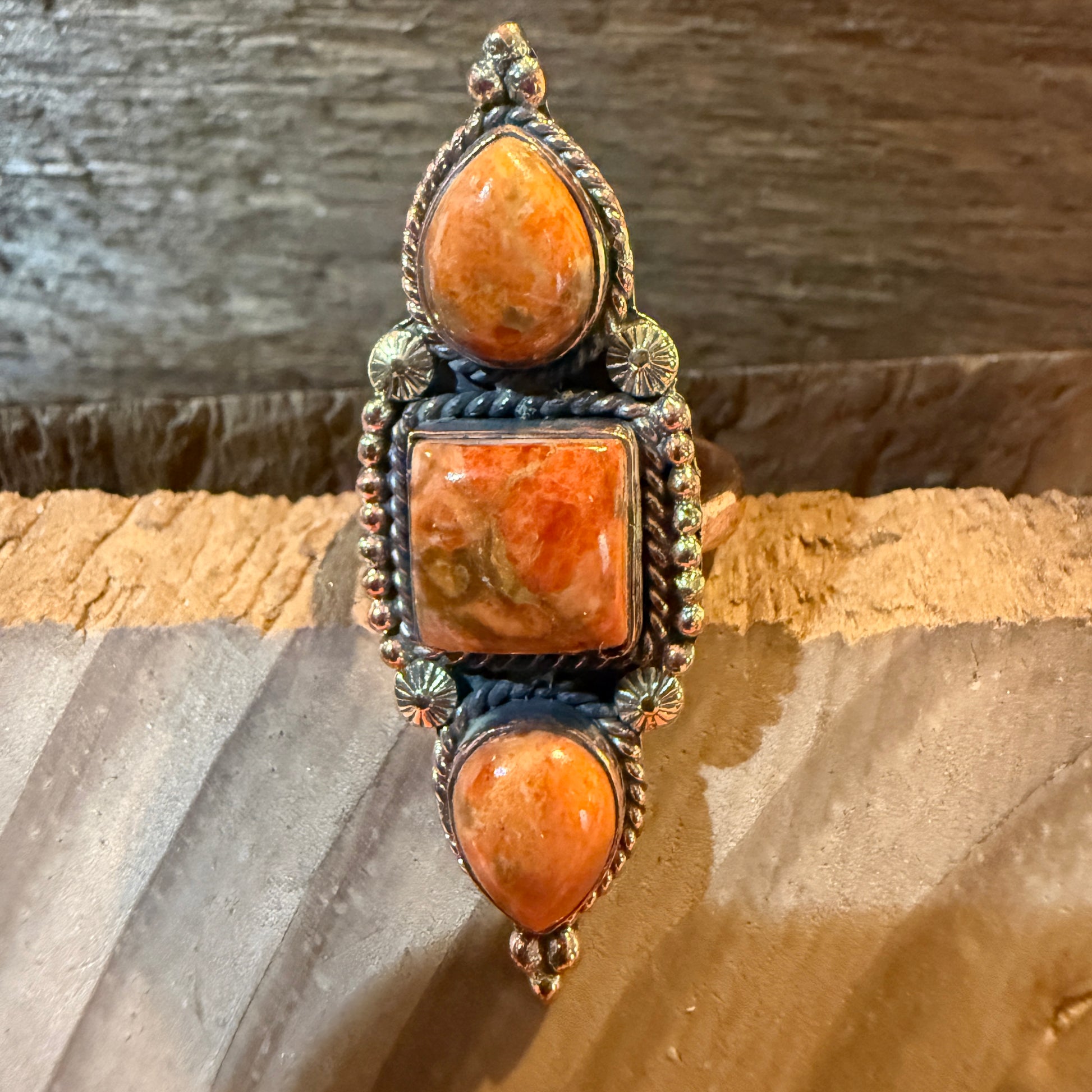 Orange Spiny Turquoise Three Stone Adjustable Ring, Copper Wild West Boho