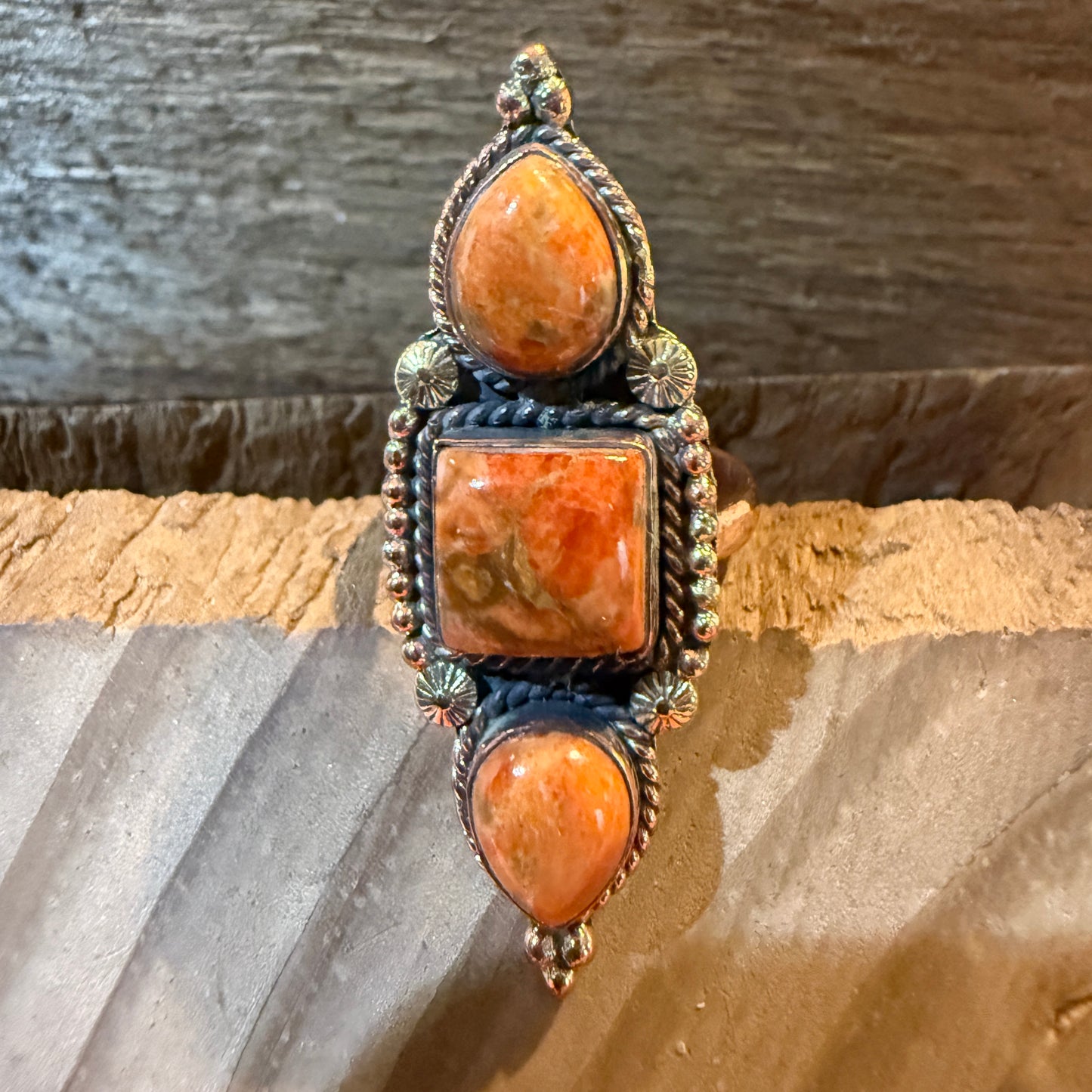 Orange Spiny Turquoise Three Stone Adjustable Ring, Copper Wild West Boho