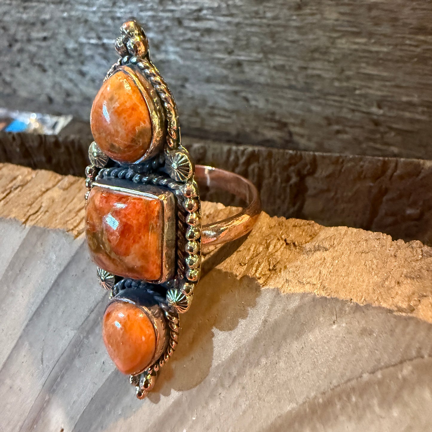 Orange Spiny Turquoise Three Stone Adjustable Ring, Copper Wild West Boho