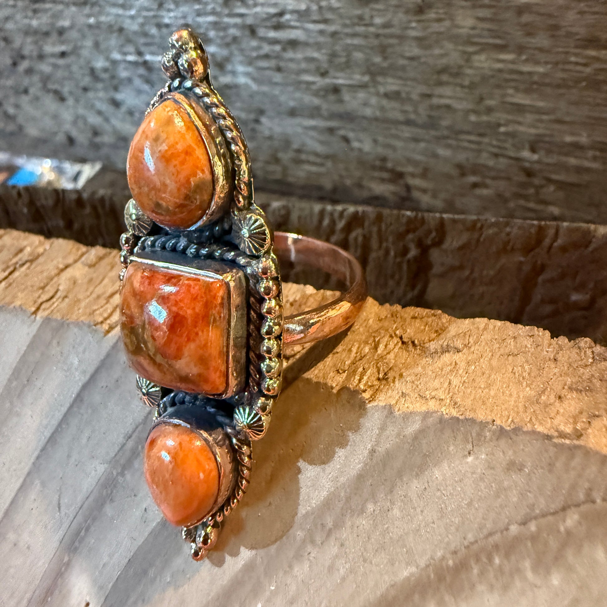 Orange Spiny Turquoise Three Stone Adjustable Ring, Copper Wild West Boho
