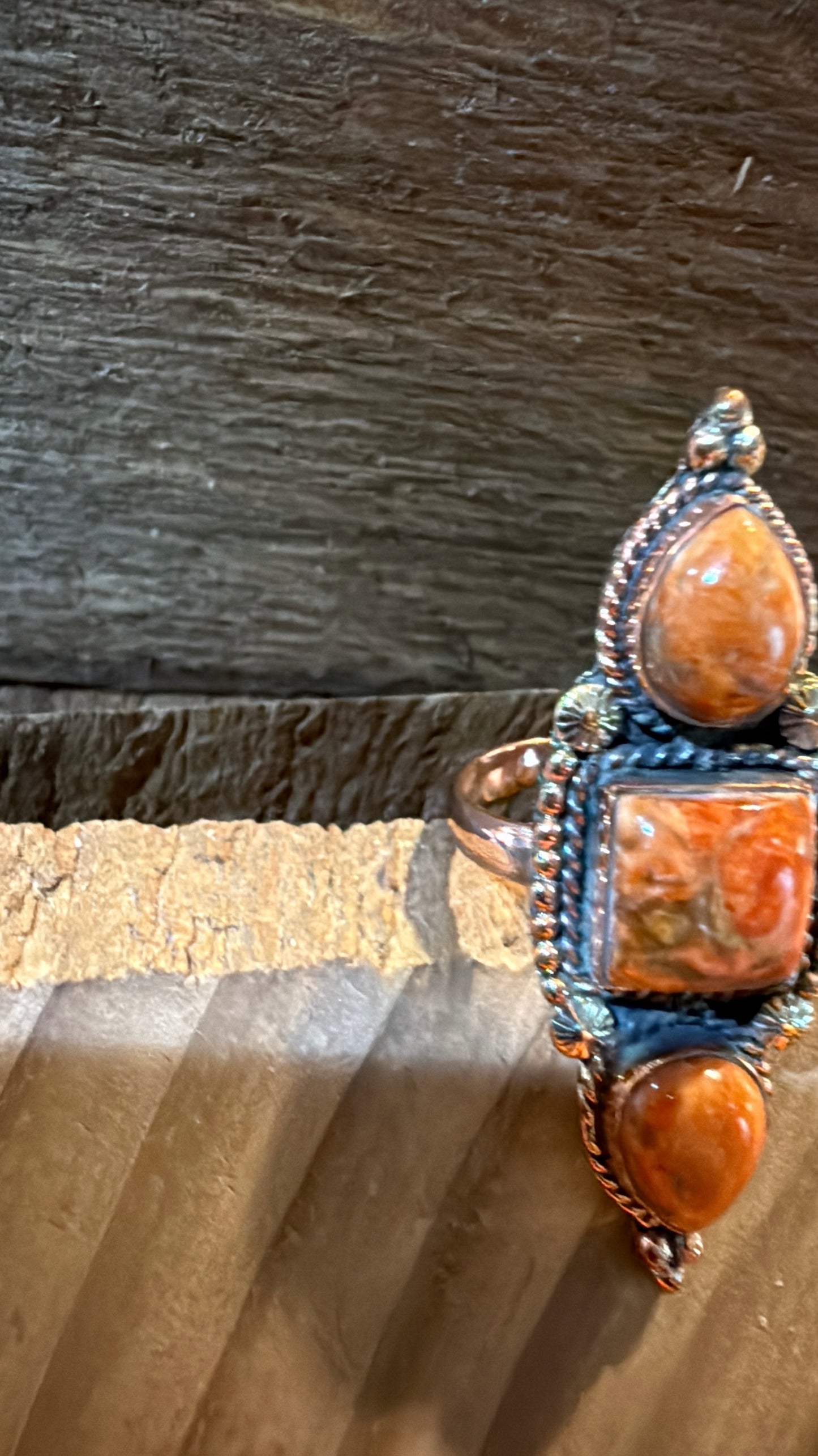 Orange Spiny Turquoise Three Stone Adjustable Ring, Copper Wild West Boho