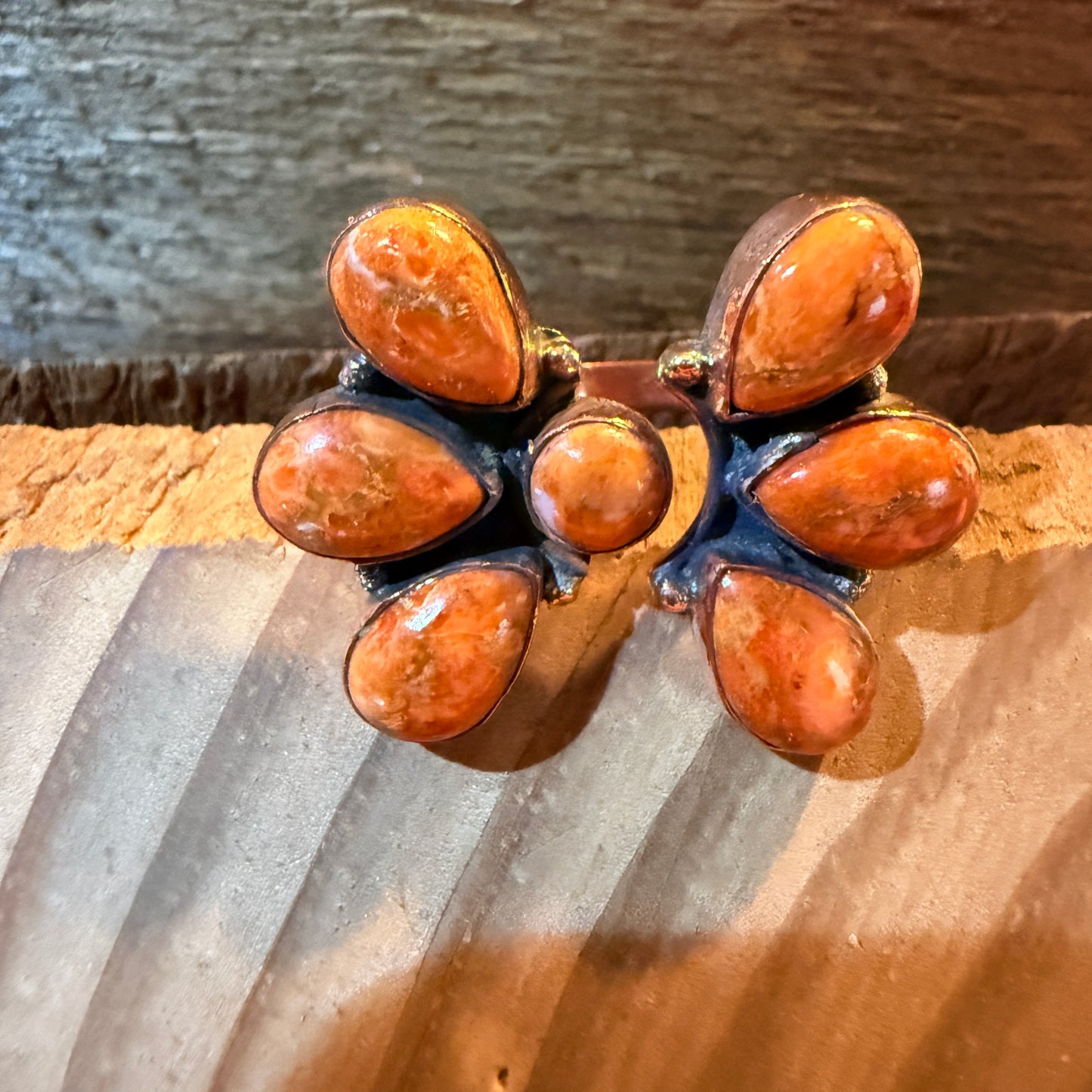 Orange Spiny Turquoise Bypass Cluster Adjustable Ring, Copper Wild West Boho