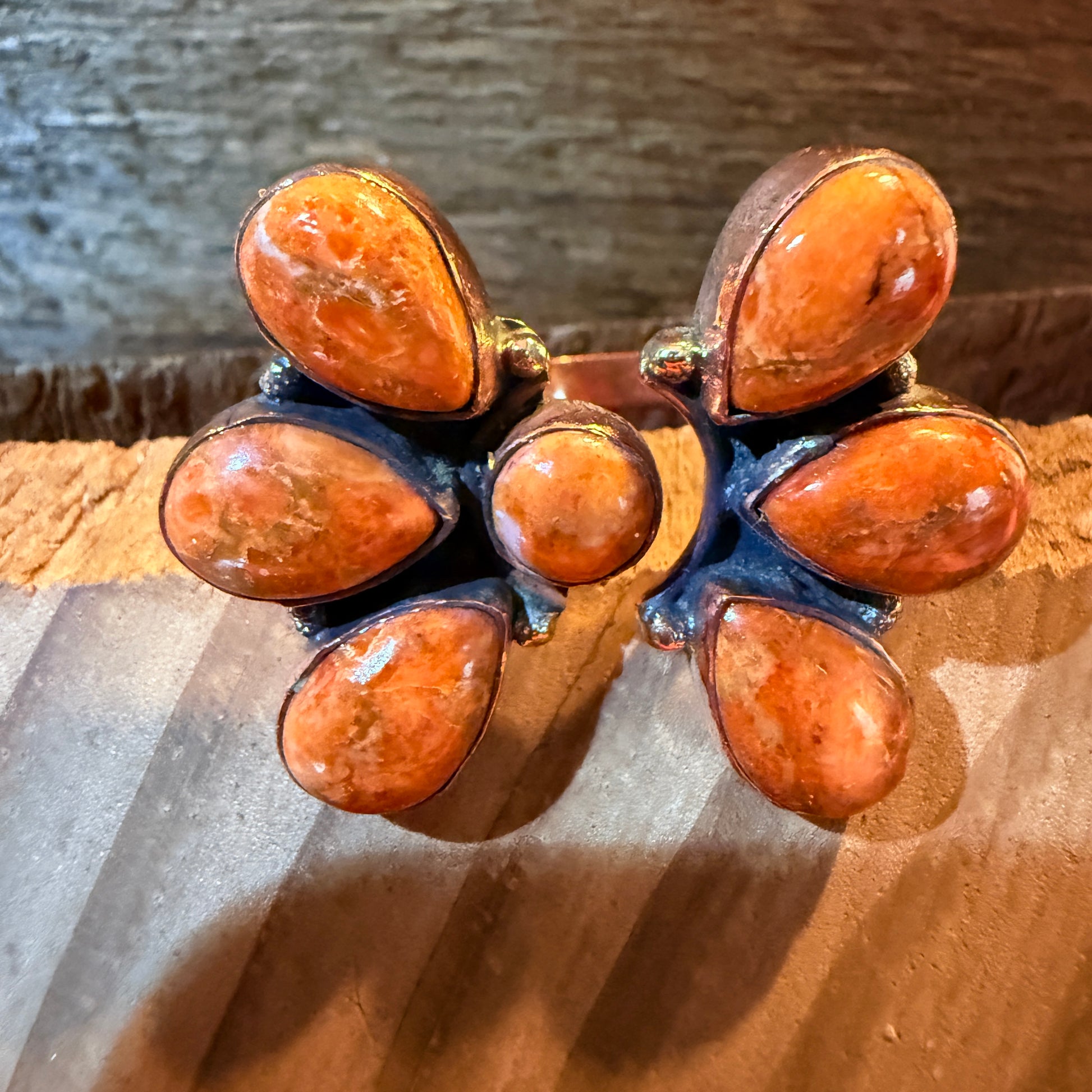 Orange Spiny Turquoise Bypass Cluster Adjustable Ring, Copper Wild West Boho