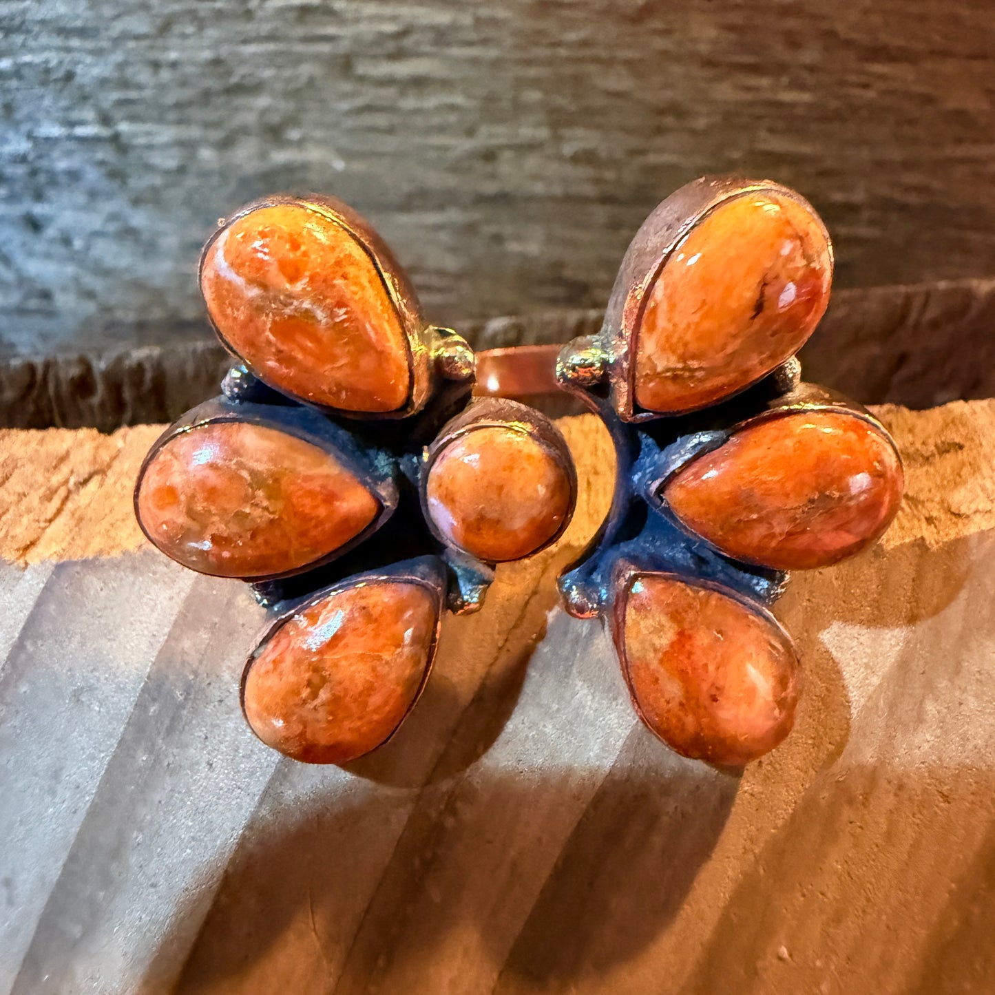 Orange Spiny Turquoise Bypass Cluster Adjustable Ring, Copper Wild West Boho