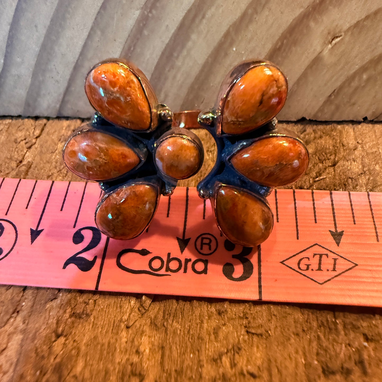 Orange Spiny Turquoise Bypass Cluster Adjustable Ring, Copper Wild West Boho