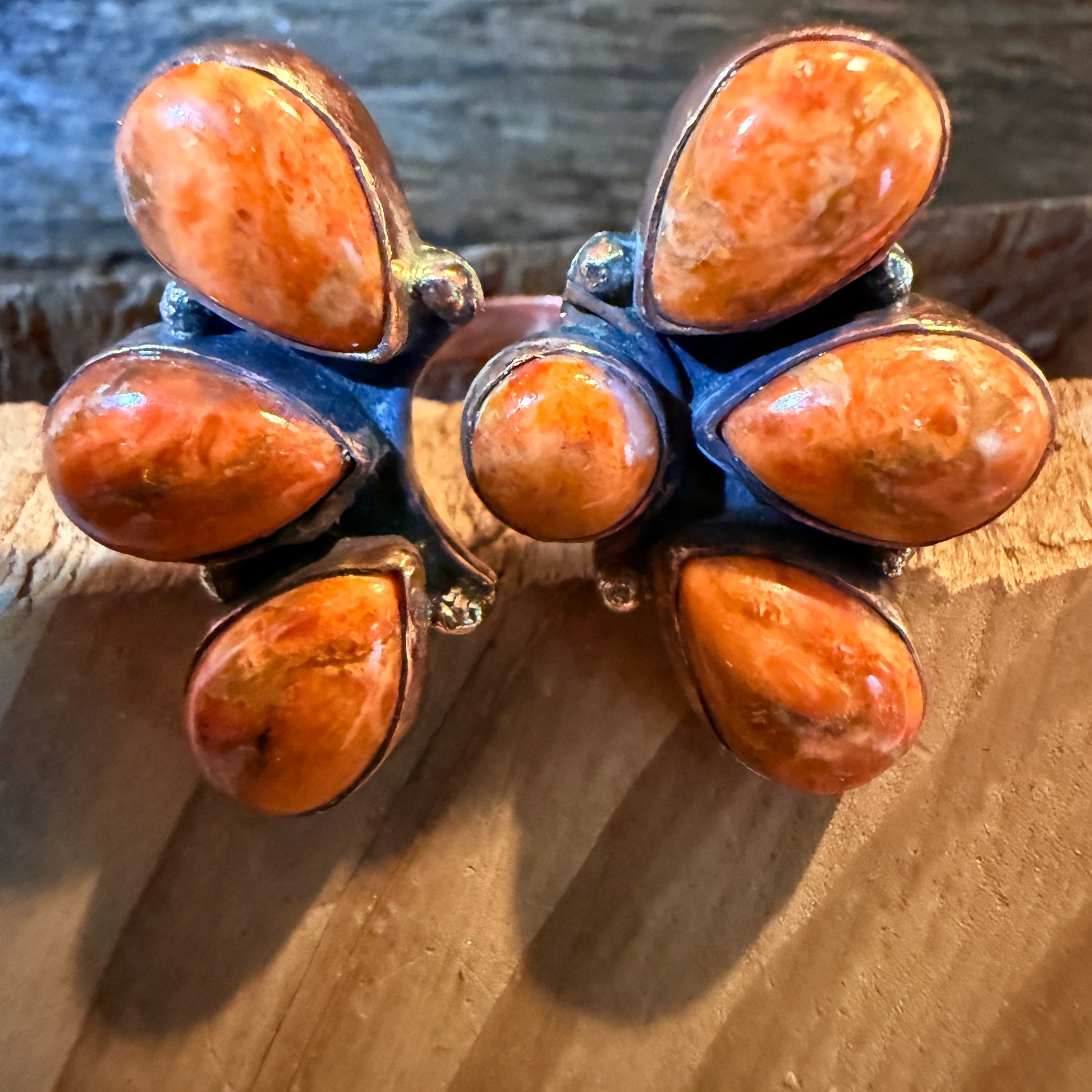 Orange Spiny Turquoise Bypass Cluster Adjustable Ring, Copper Wild West Boho