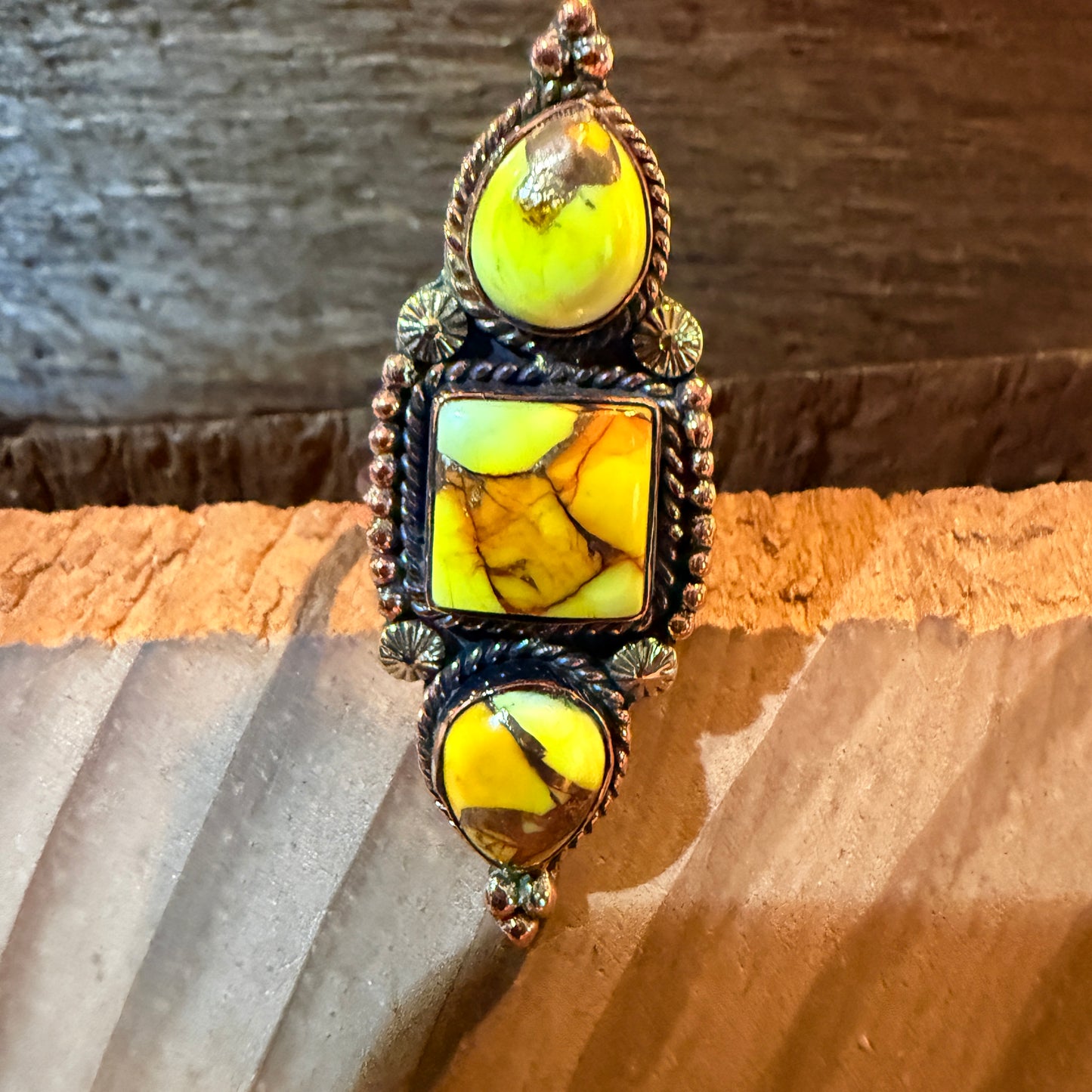 Golden Yellow Dahlia Three Stone Adjustable Ring in Copper Wild West Boho