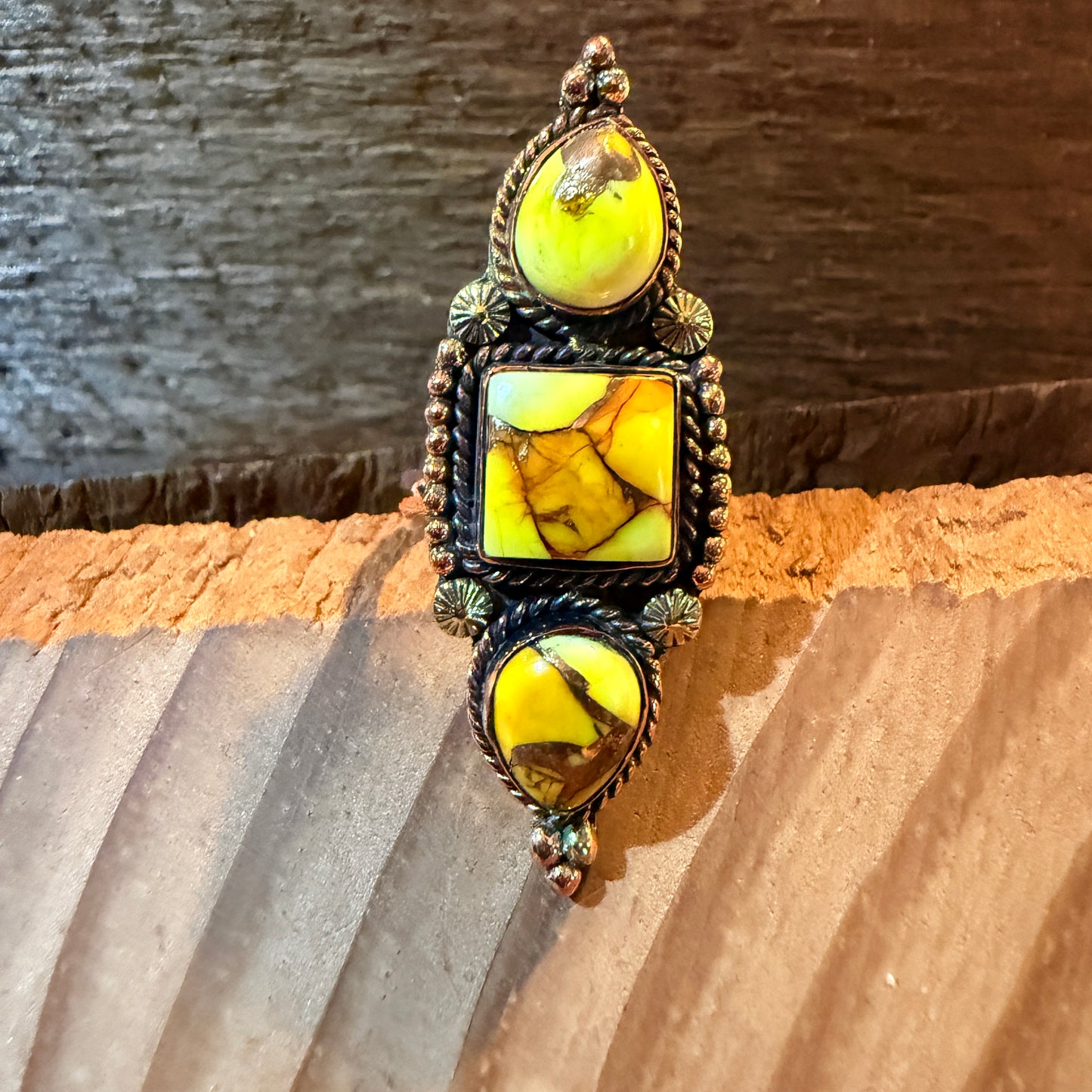 Golden Yellow Dahlia Three Stone Adjustable Ring in Copper Wild West Boho