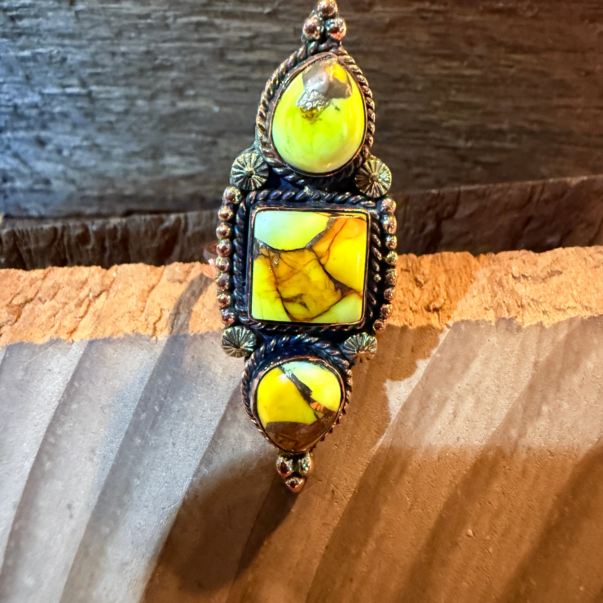 Golden Yellow Dahlia Three Stone Adjustable Ring in Copper Wild West Boho