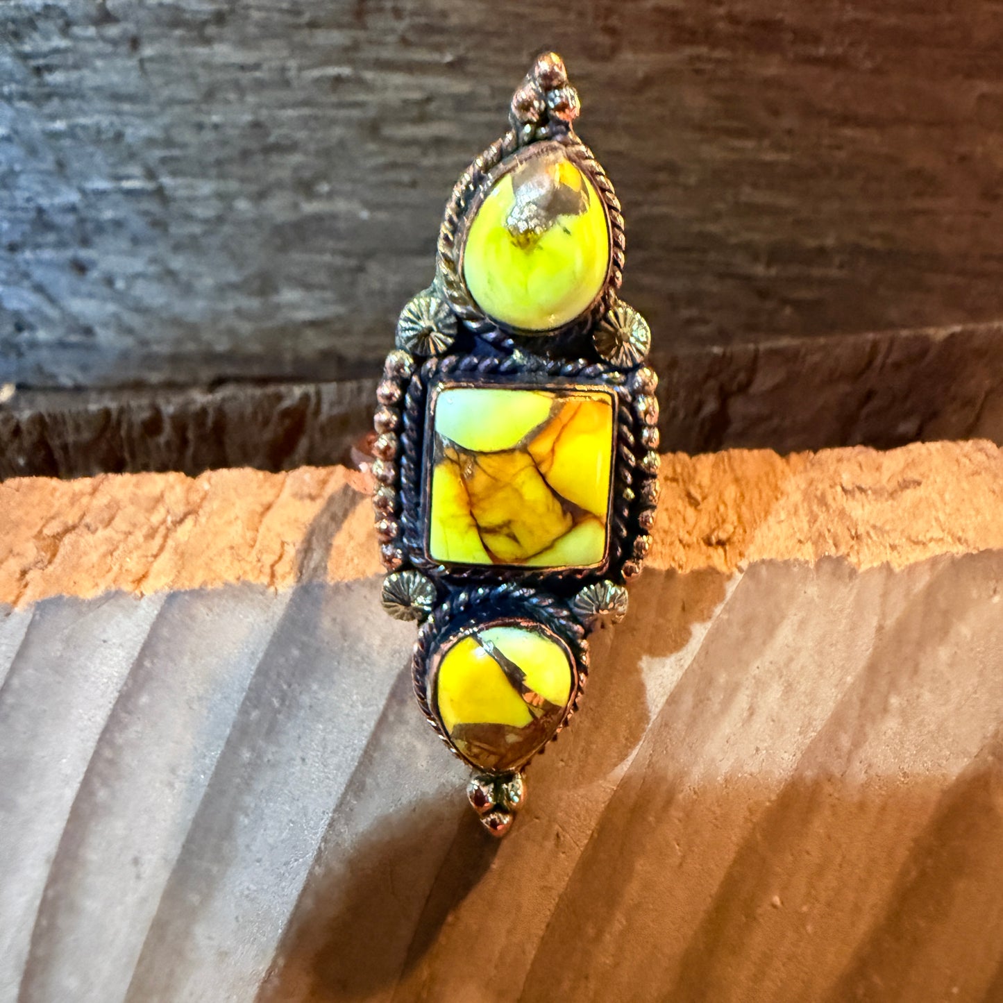 Golden Yellow Dahlia Three Stone Adjustable Ring in Copper Wild West Boho