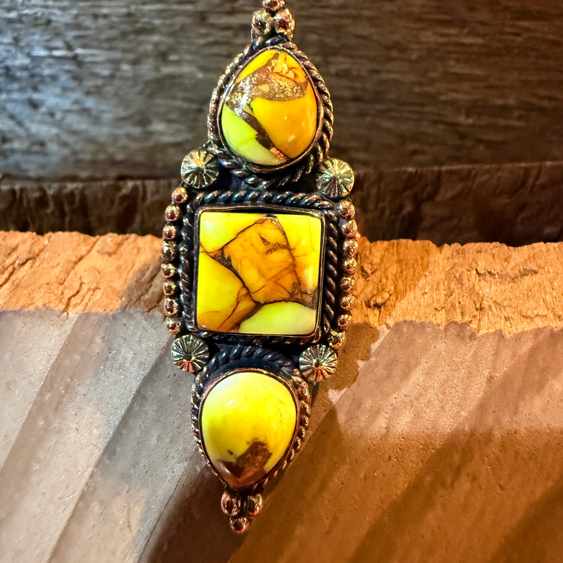 Golden Yellow Dahlia Three Stone Adjustable Ring in Copper Wild West Boho