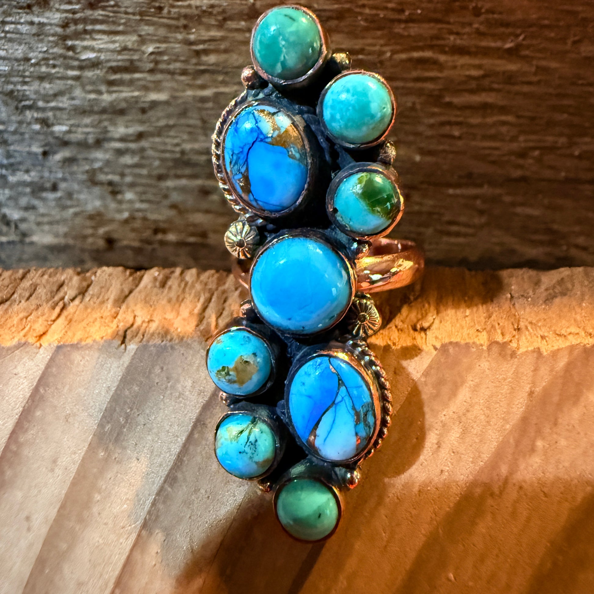 Blue turquoise Dahlia Gemstones Cluster Adjustable Ring in Copper Wild West Boho