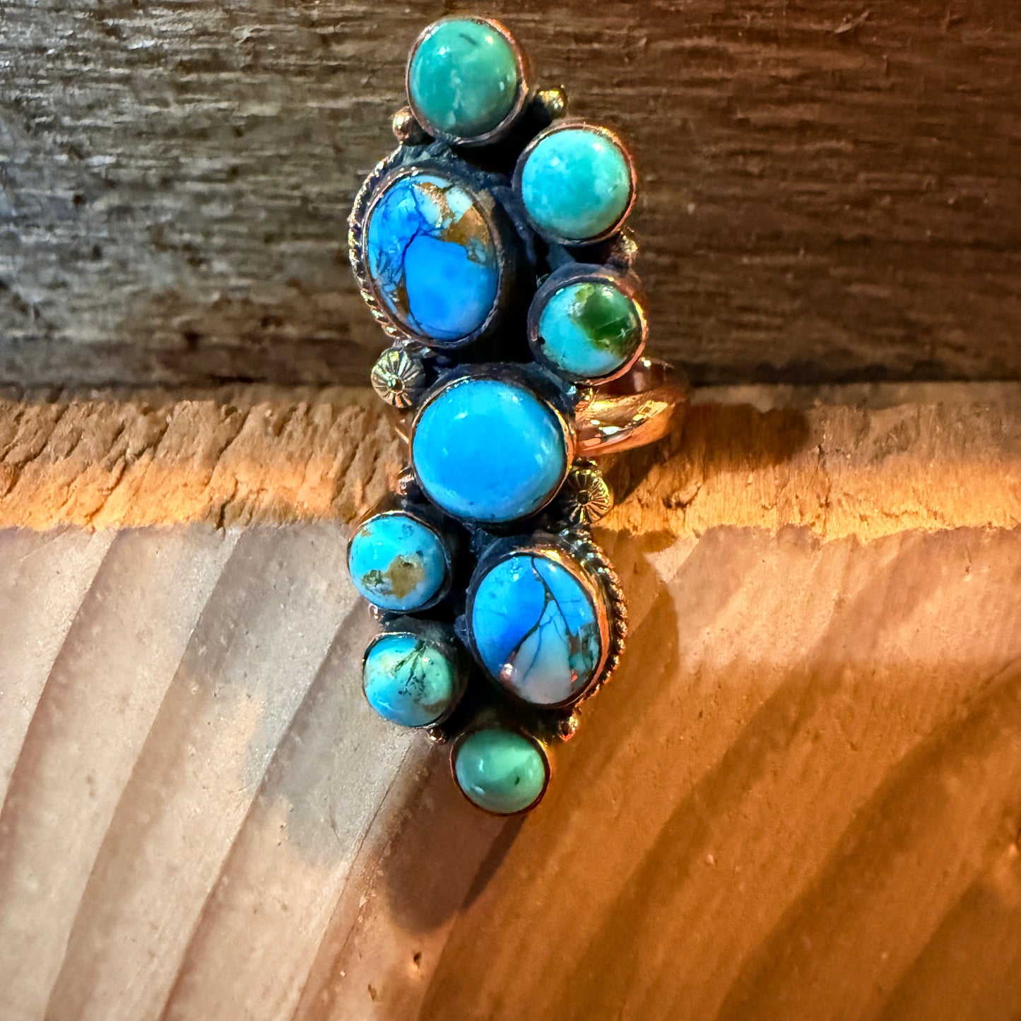 Blue turquoise Dahlia Gemstones Cluster Adjustable Ring in Copper Wild West Boho