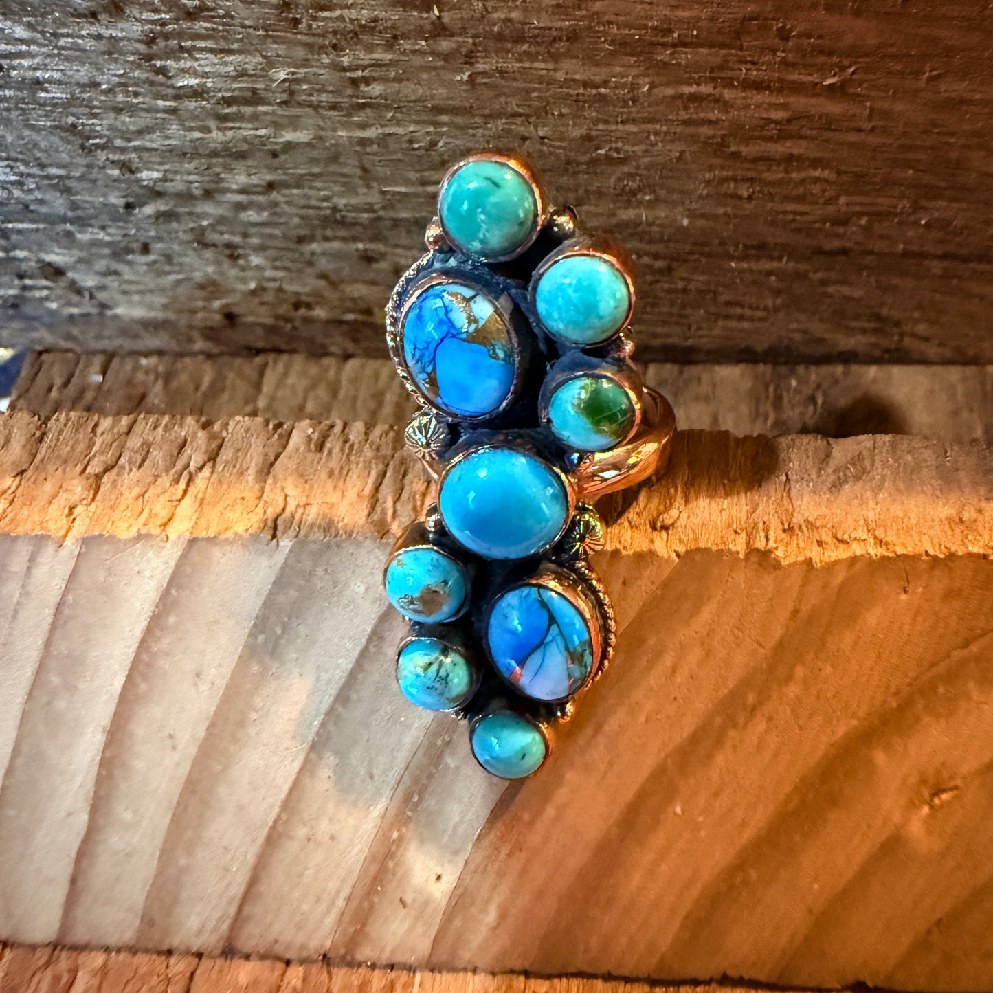 Blue turquoise Dahlia Gemstones Cluster Adjustable Ring in Copper Wild West Boho
