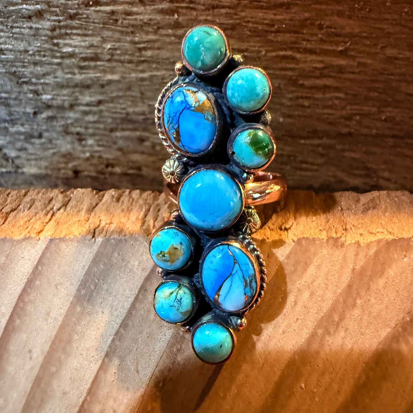 Blue turquoise Dahlia Gemstones Cluster Adjustable Ring in Copper Wild West Boho