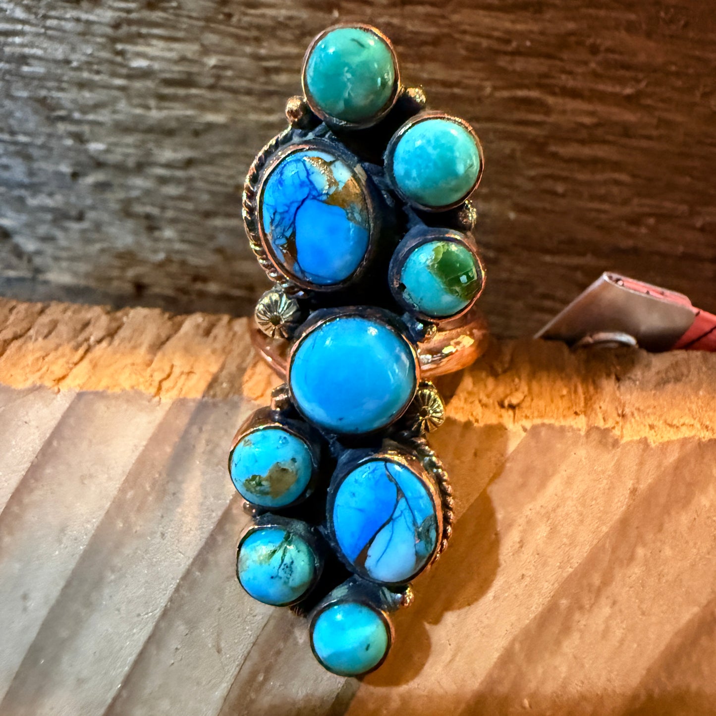 Blue turquoise Dahlia Gemstones Cluster Adjustable Ring in Copper Wild West Boho