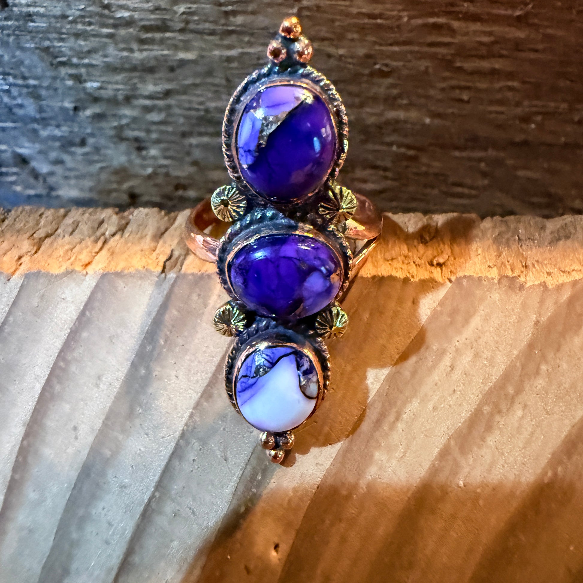 Purple Spiny Oyster Three Stone Adjustable Ring in Copper Wild West Boho