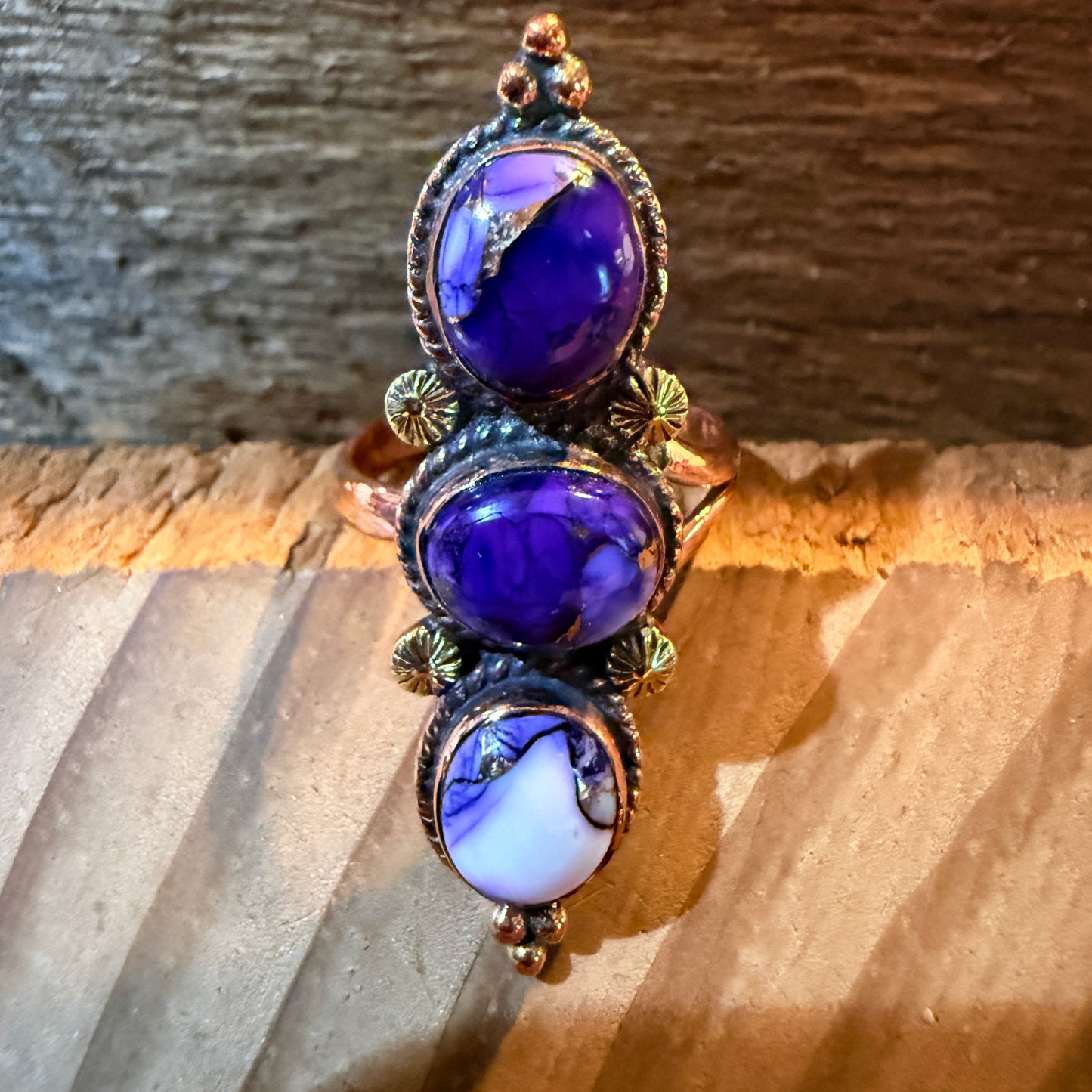 Purple Spiny Oyster Three Stone Adjustable Ring in Copper Wild West Boho